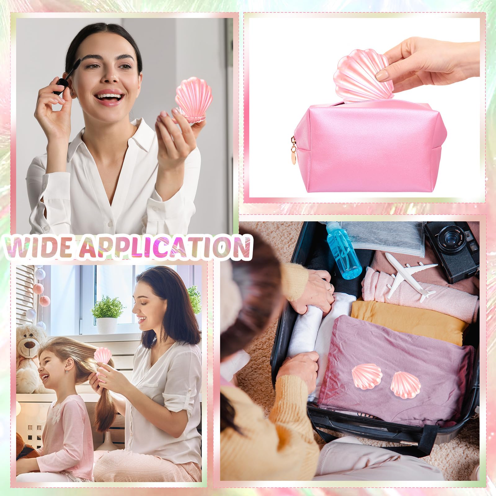 Meanplan 12 mini cepillos plegables de viaje con forma de concha de espejo, espejo de maquillaje, cepillo compacto para masaje de cabello para mujeres y niñas, peinados de despedida de soltera, regalo
