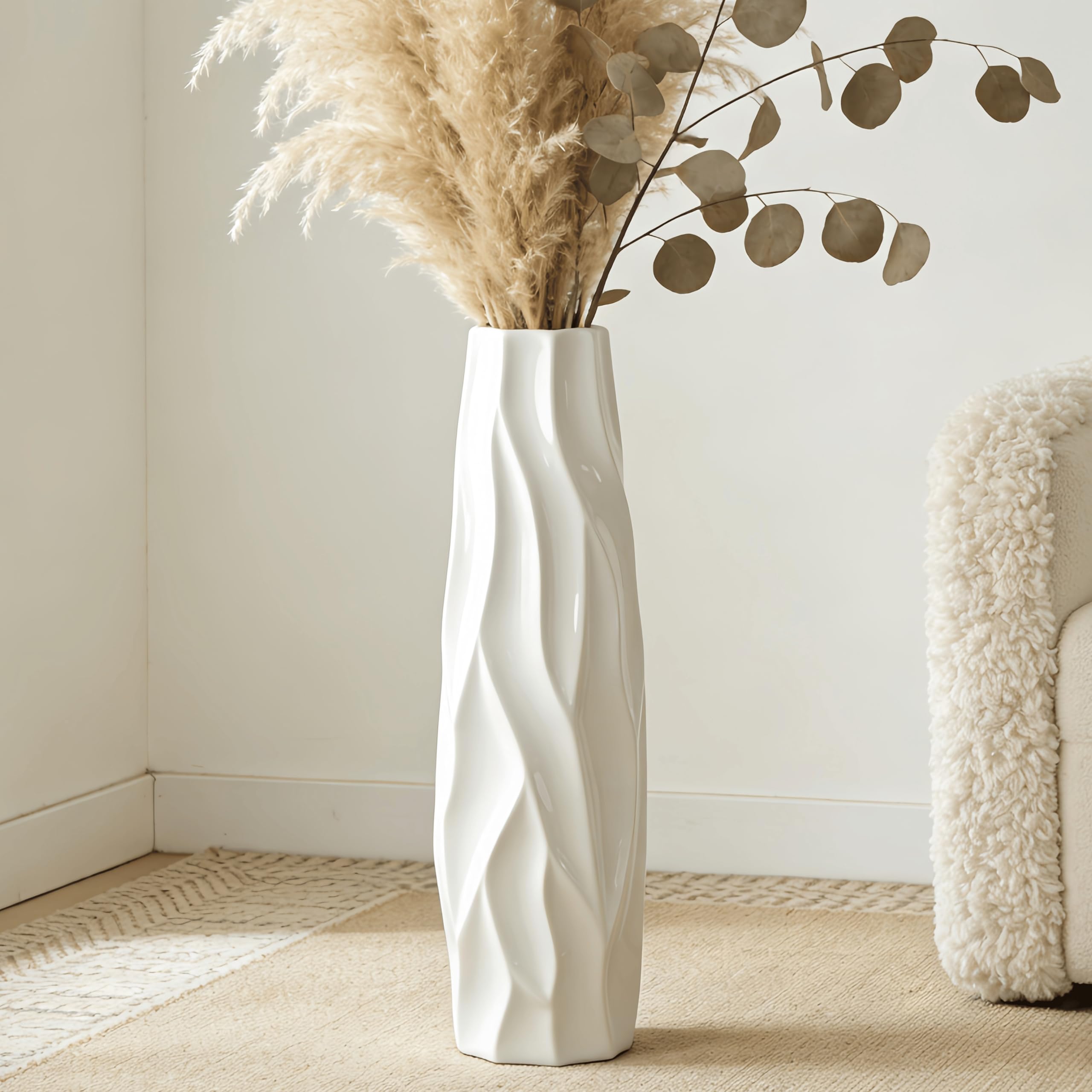 DJYY White Tall Floor Vase, 24"Ceramic Standing Flower Vase， Living Room, Office, Bedroom, Decorative Flower for Wedding Centerpiece，ecorative Flower for Pampas Grass