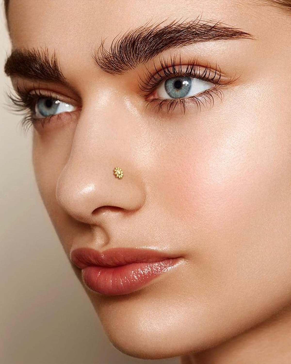 COCHARM 14K Yellow Gold Nose Stud 20g 14K Real Gold Nose Ring Stud 14K Cute L Bend Nose Jewelry for Women Men Sunflower Nose Piercing 14kt Solid Gold Nose Stud 7mm Long Post