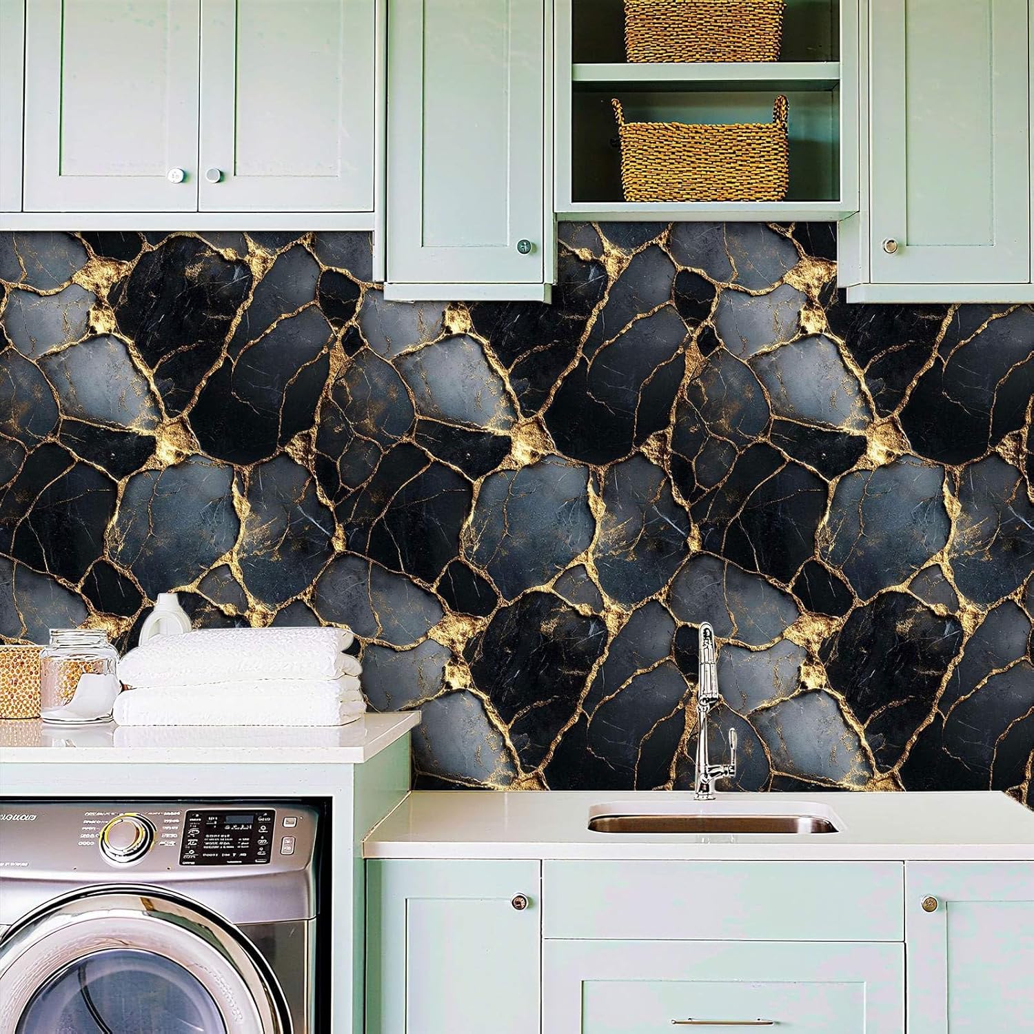 Black Gold Marble Peel and Stick Wallpaper, Luxury Textured Wallpaper for Home Decor | 17.7" x 118", Self-Adhesive, Waterproof Vinyl