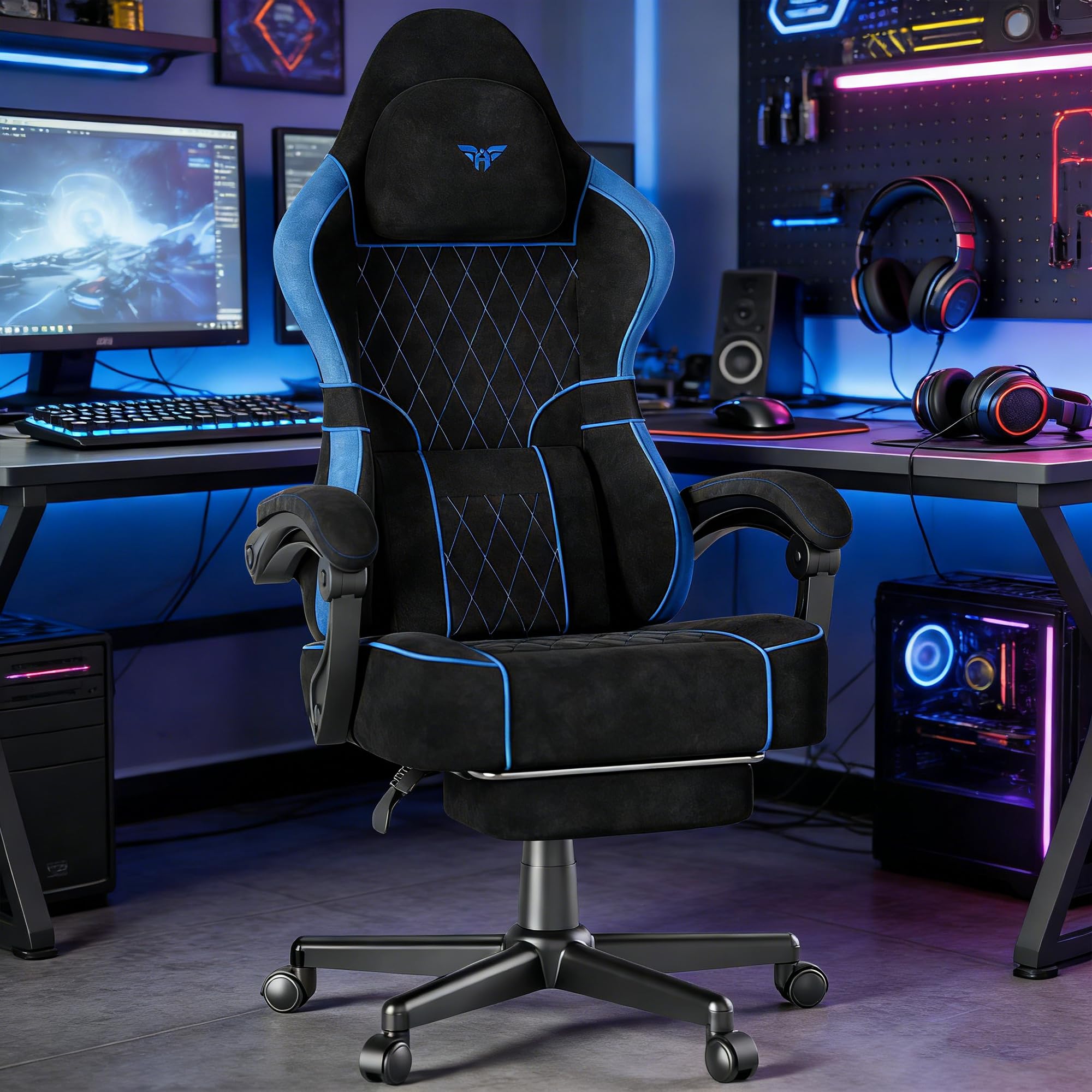 Soontrans Gaming Stuhl mit Massage Lendenwirbelstütze, Gepolstert Gaming Chair, Gaming Stuhl Ergonomisch mit Fußstütze, Samt, 90-160° Rückenlehne verstellbar Gaming Sessel（schwarz&blau）