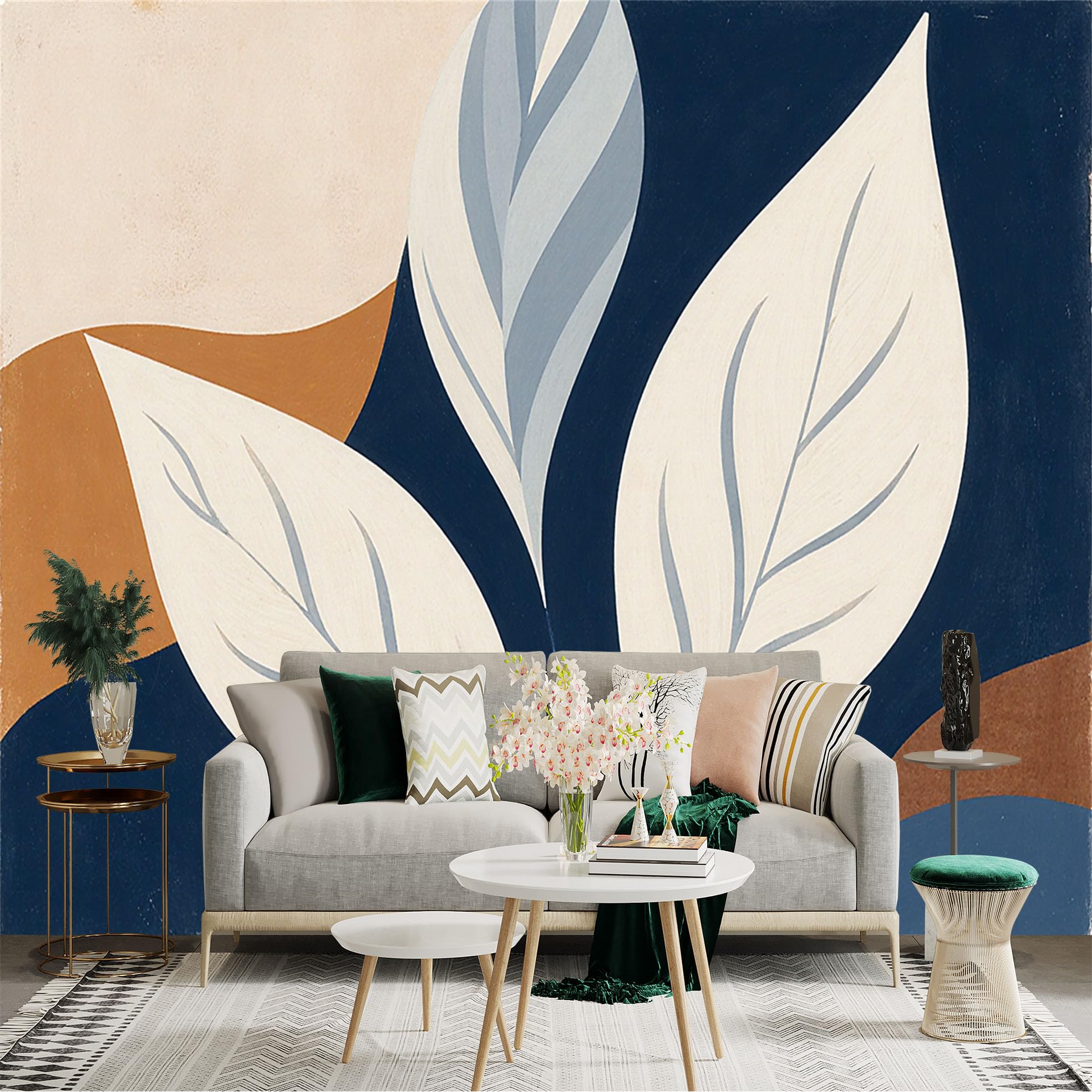 Custom Size Wall Sticker Mural， Modern Abstract Leaves， Minimalist Botanical Art， Elegant Navy Blue and Earth Tone Background， for wall Decoration， peelandstick wall Decals.