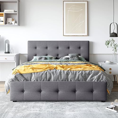 Miniatura 3 de Marco de cama tapizado moderno tamaño Queen con cabecera clásica y 4 cajones plataforma con soporte de listones de madera maciza no necesita somier