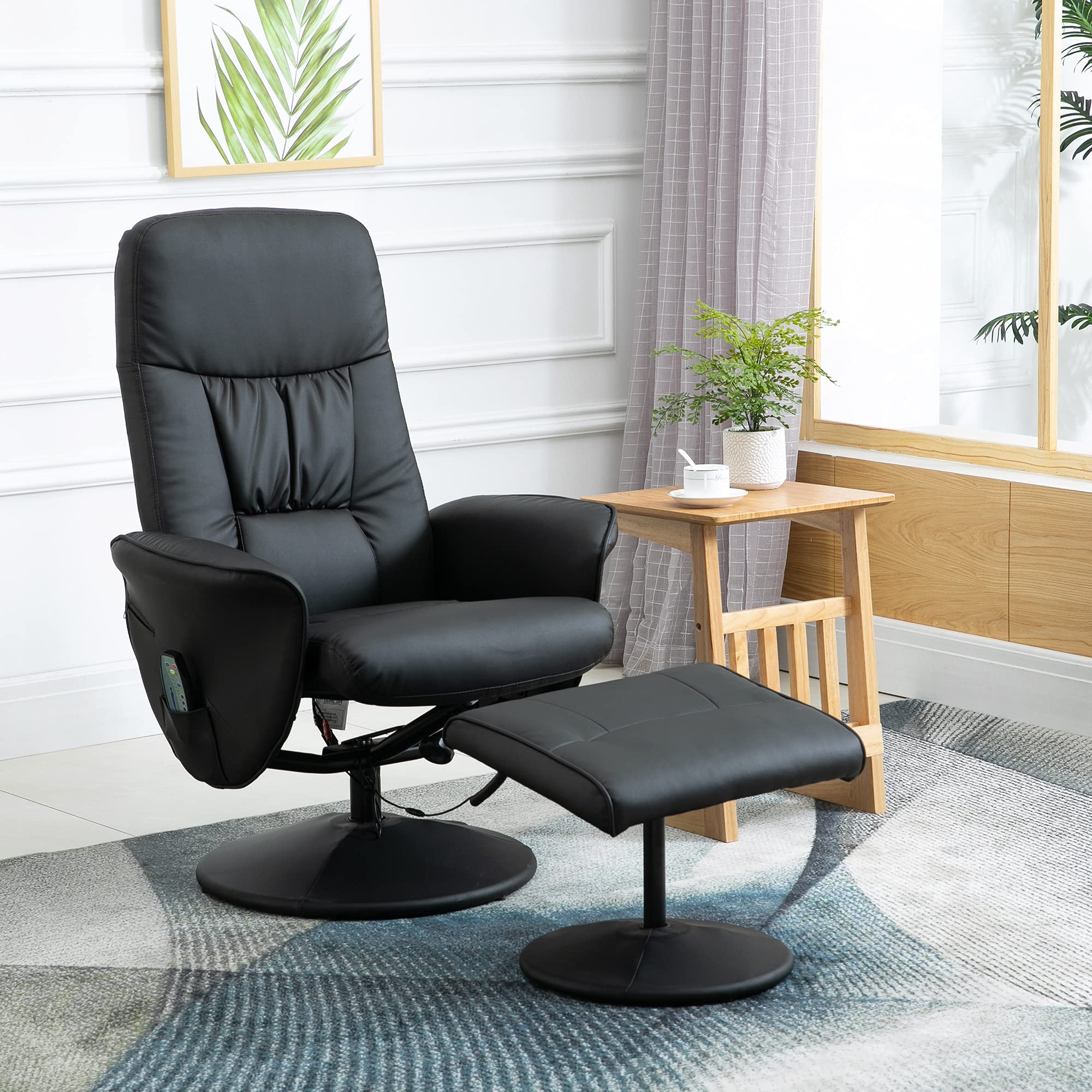 HOMCOM Relaxsessel mit Hocker, Massagefunktion,Fernbedienung, Schwarz | Fernsehsessel, Liegefunktion, 10 Massagepunkte, Massagesessel, Seitentasche, Drehbar TV-Sessel, Kunstleder