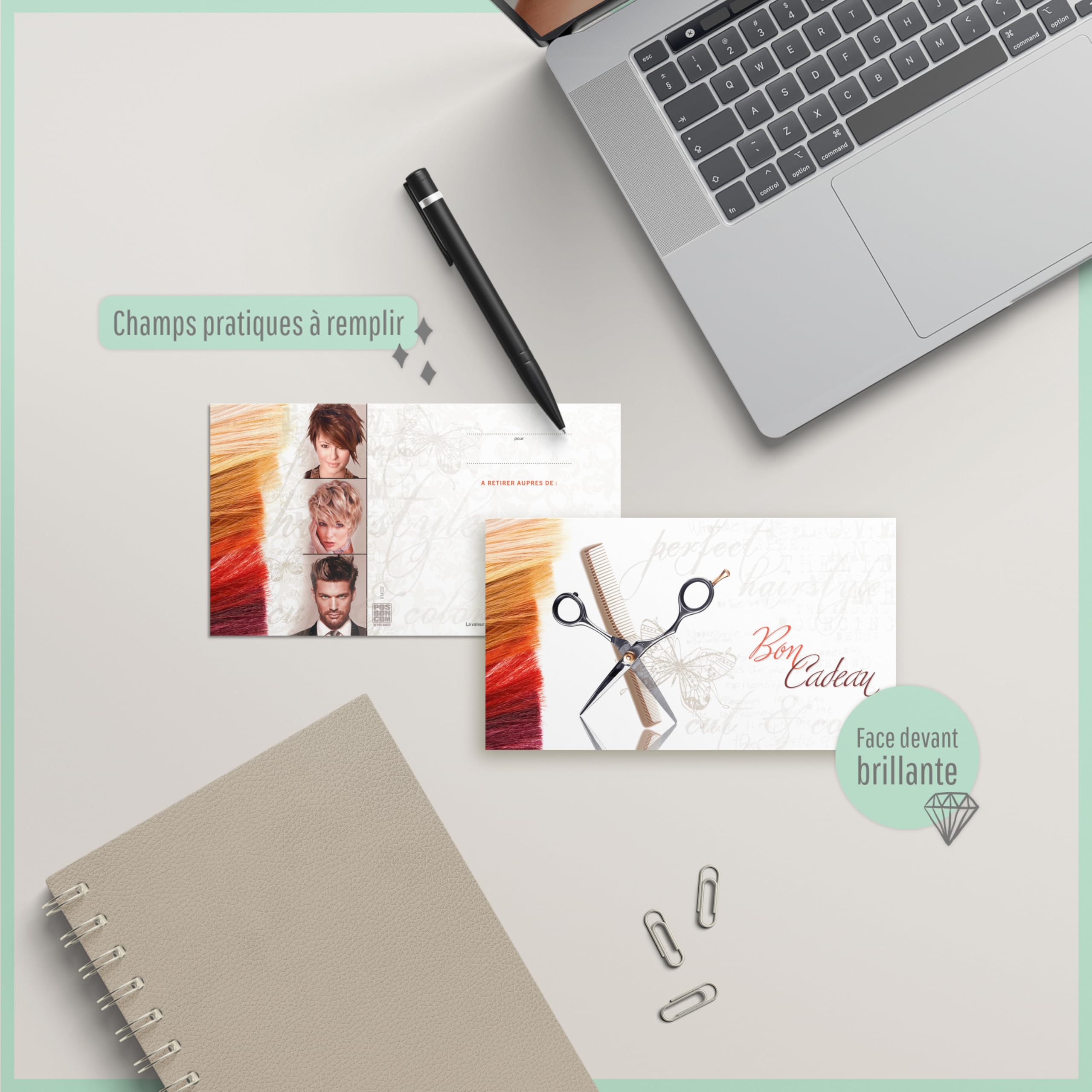 POS BON - 100 bons cadeaux à remplir avec enveloppe/nœud ruban - formulaires imprimés pour des salons de coiffure K1403F-2-100-V1