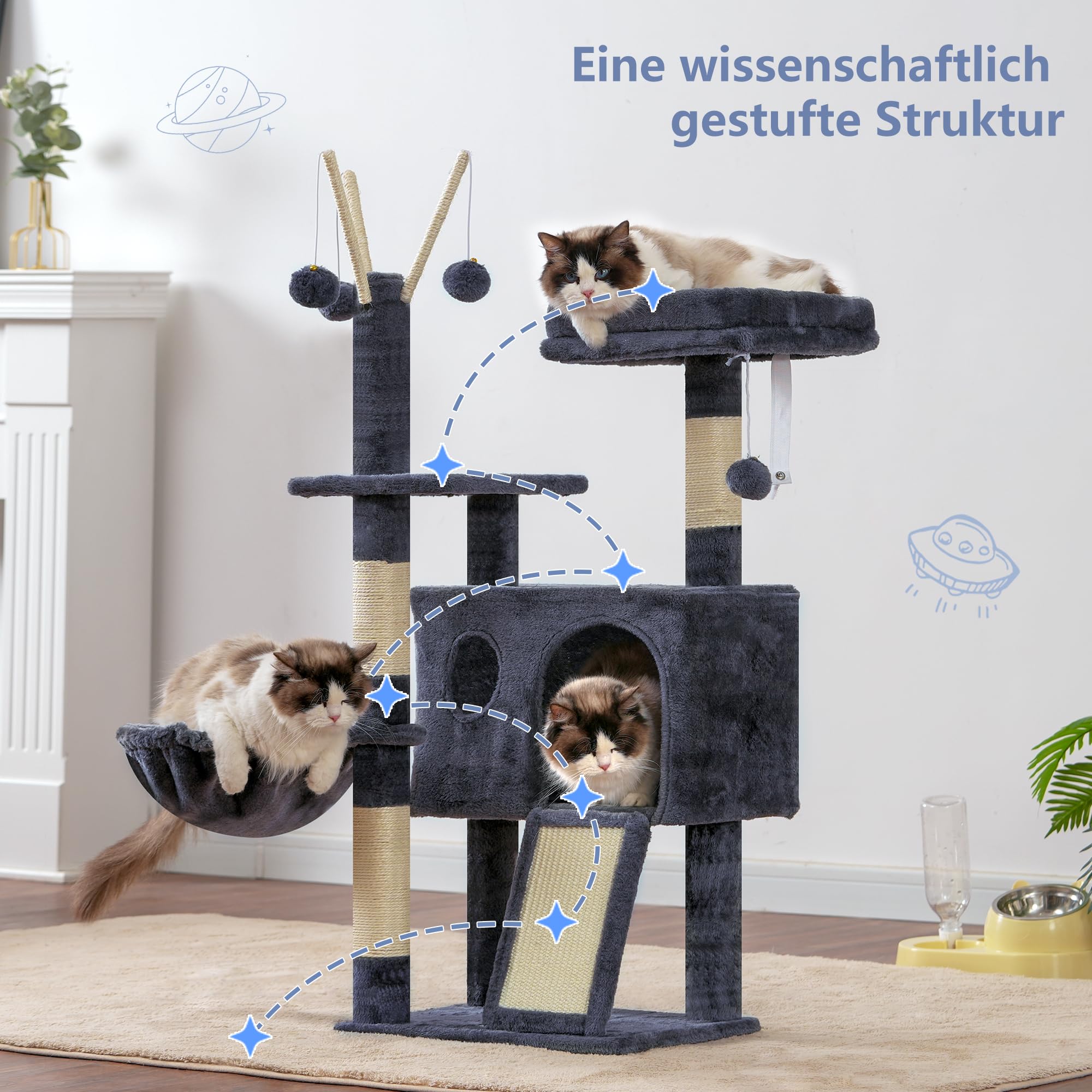 Hey-brother Kratzbaum, 105 cm Klein stabil Katzenbaum mit abnehmbaren Spielzeugen, Höhle, 1 Plattform, 1 Katzenkorb, Sisalkratzplatte und Plüschkugel, geeignet für Kätzchen, Rauchgrau EMPJ008SG