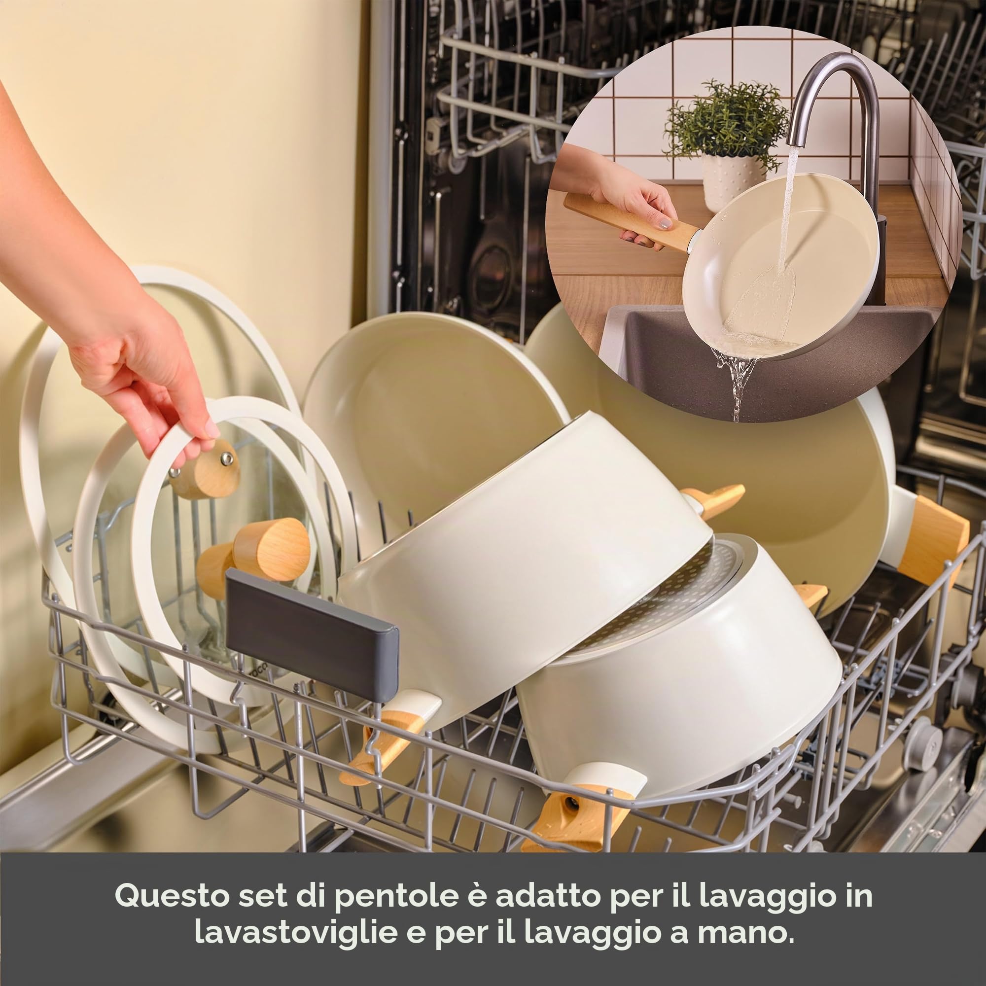 Karaca Swiss Crystal, set di pentole in ceramica a mandorla, set di pentole e padelle antiaderenti con coperchio, senza PFA, compatibili con piano cottura a induzione, crema, 7 pezzi