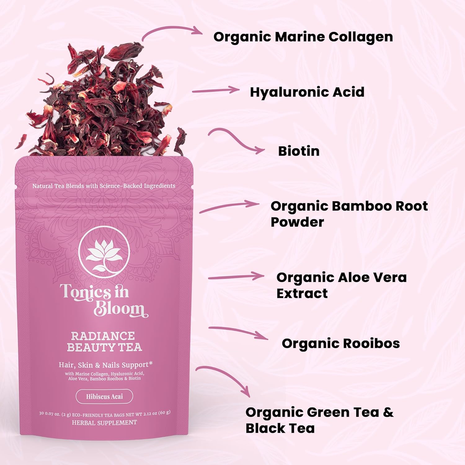 Marine Collagen Beauty Tea - Biotin, Hyaluronic Acid, Aloe Vera, Organic Green Tea - Natural Collagen Drink for Hair Skin and Nails Support - 30 Tea Bags (Hibiscus Acai Flavor)