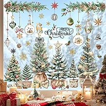 decalmile Christmas Tree Double Sided Window Clings Forest Tree Green Leaves Xmas Ball Anti-Collision Glass Doors Window Stickers Decals Celebration Decoration
