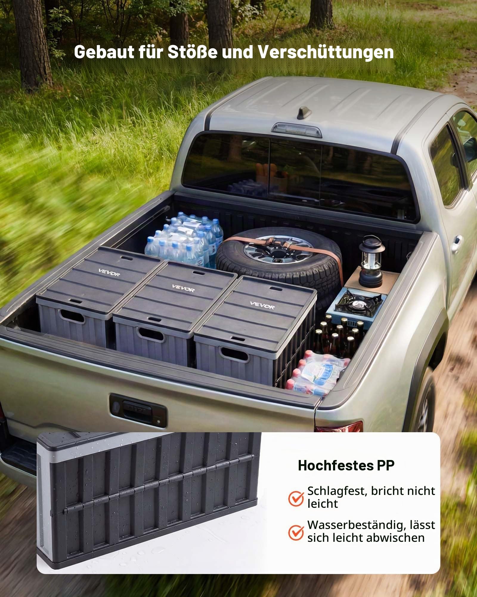 VEVOR Klappboxen 65 L 3er-Pack, Faltbare Aufbewahrungsboxen aus Kunststoff, Stapelbare Klappkörbe mit Deckel, Tragkraft 38 kg pro Box, Klappkisten, Ideal für Haushaltsorganisation, Grau & Schwarz