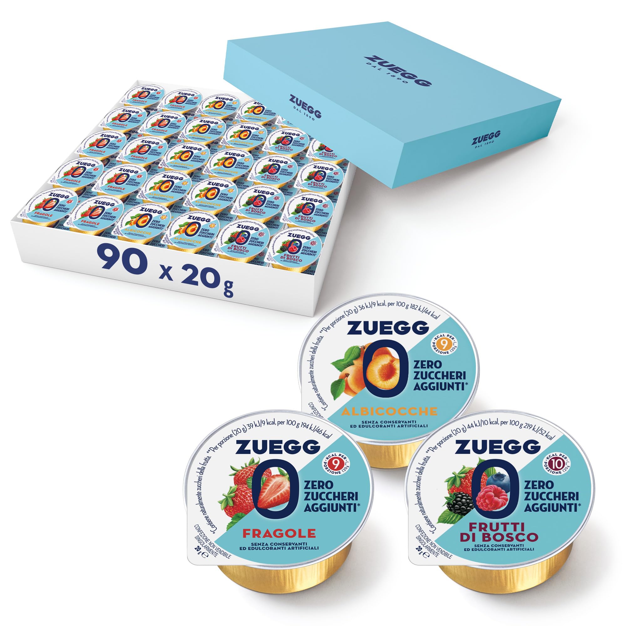 Zuegg Confettura Extra Zero Zuccheri Aggiunti Monodose, Gusti Albicocca, Fragola, Frutti di Bosco - 90 Monoporzioni da 20g (30 pz per Gusto) Ideale per B&B, Hotel, Buffet (90 Porzioni x 20g)