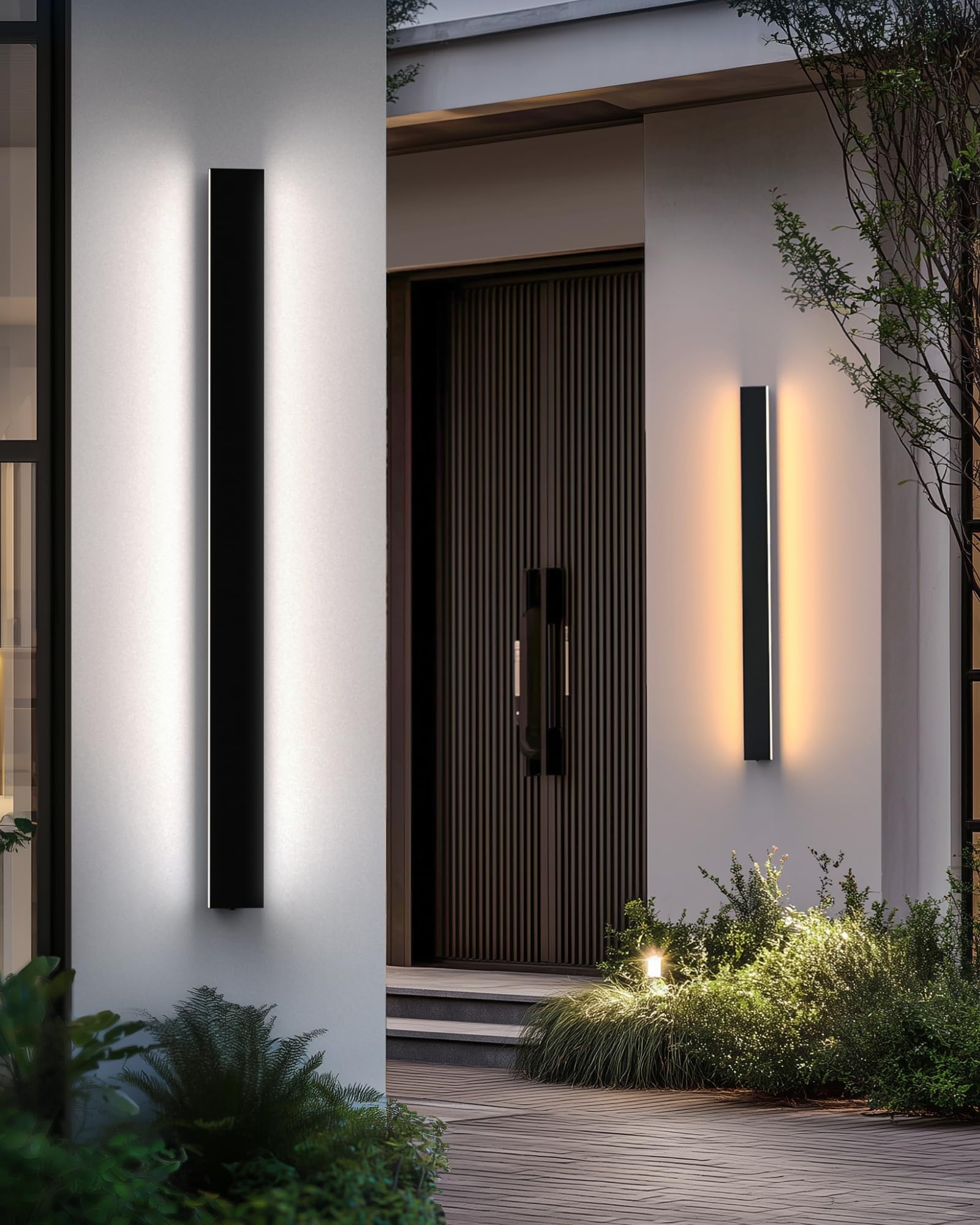 PopoIron 2 Stück LED Wandleuchte 80cm/25W, Modern Außenwandleuchte mit Dämmerungssensor, Dimmbar, 3 Farbtemperaturen, IP65 Wasserdicht Aluminiumlegierung – Außenlampe für Garten, Terrasse, Wohnzimmer