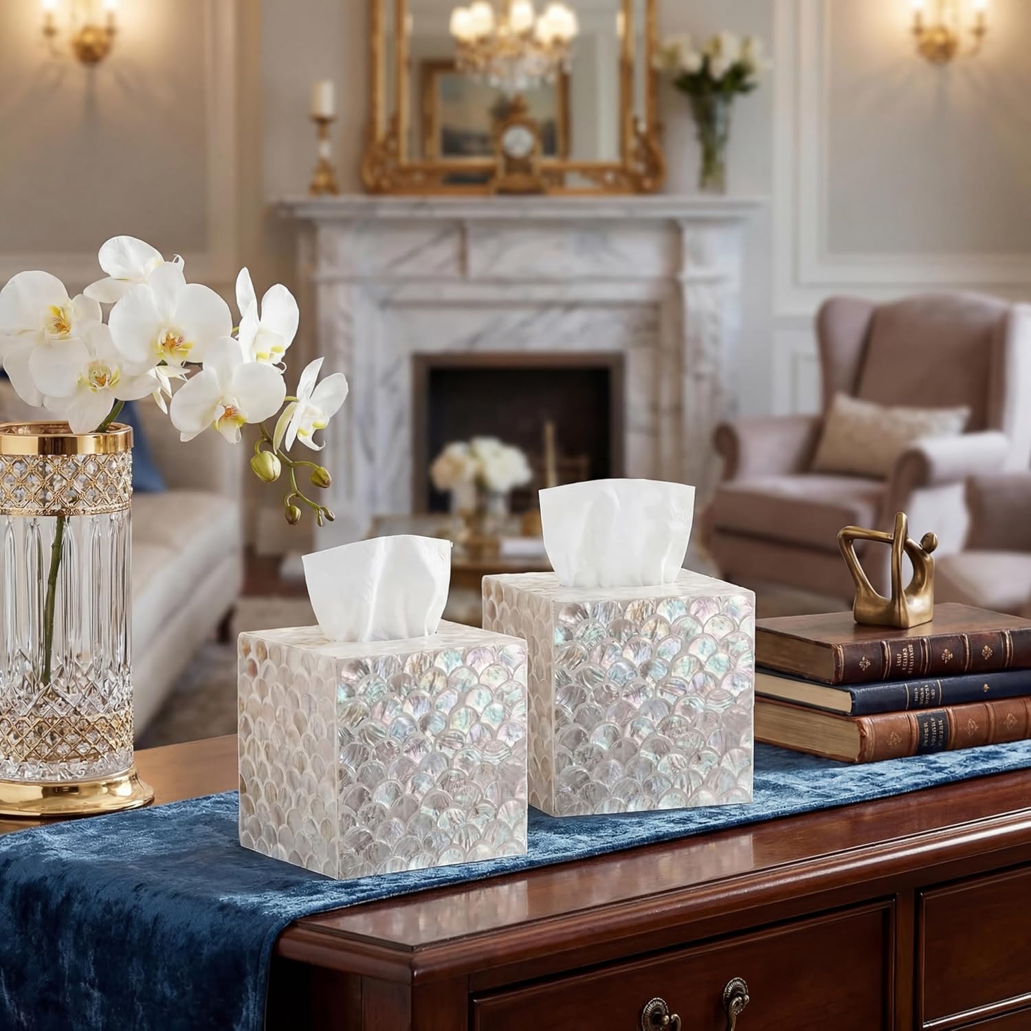 2 Pack 5.9" Handmade Mother of Pearl Tissue Box Cover, Decorative Capiz Shell Inlay Square Tissue Box Holder with Sliding Bottom Lid, Elegant Napkin Case for Bathroom, Bedroom & Living Room