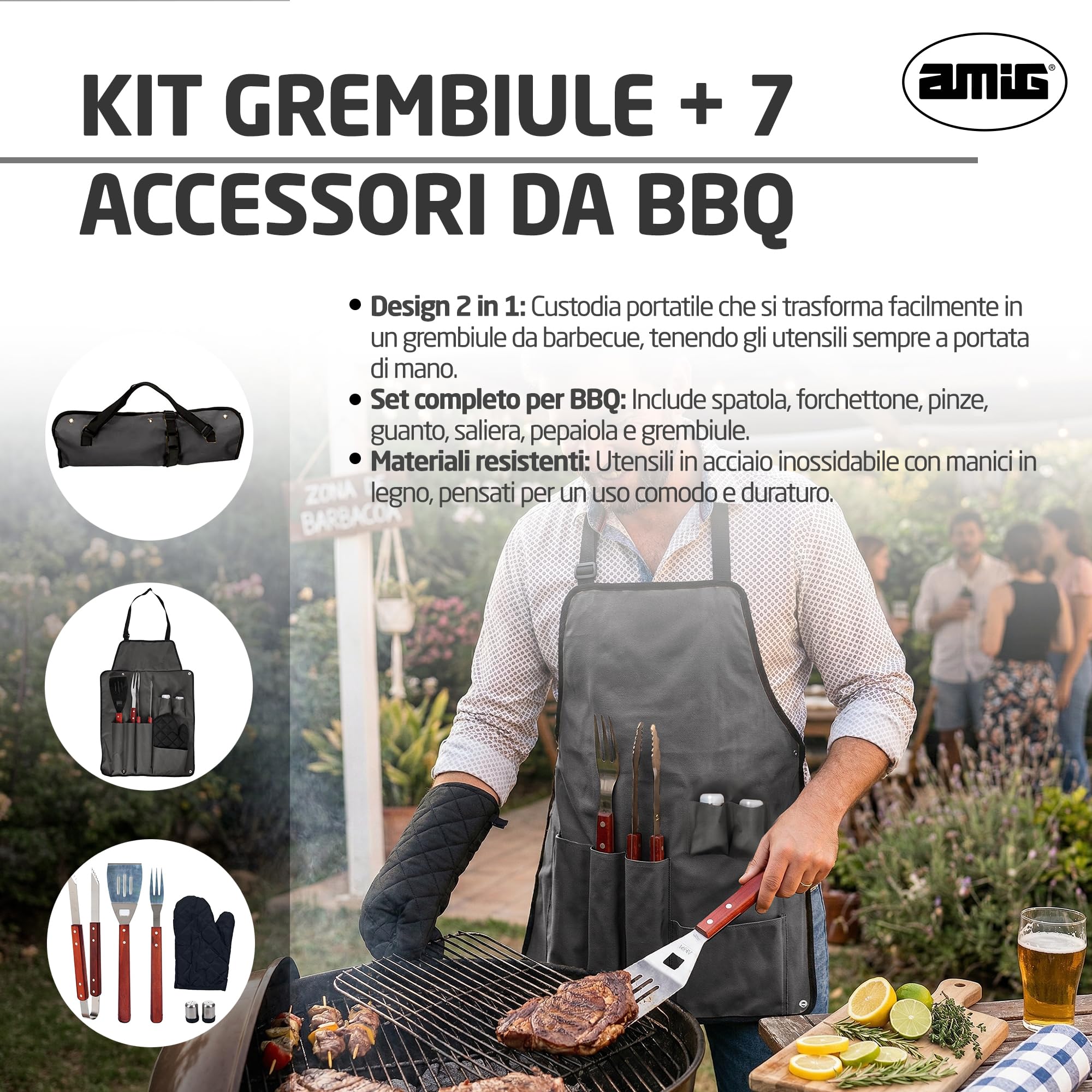 Amig - Grembiule barbecue con 7 accessori - Acciaio inossidabile - Set utensili BBQ - Con tasche - Accessori pratici e presentazione curata per regalo - Mod. AM17
