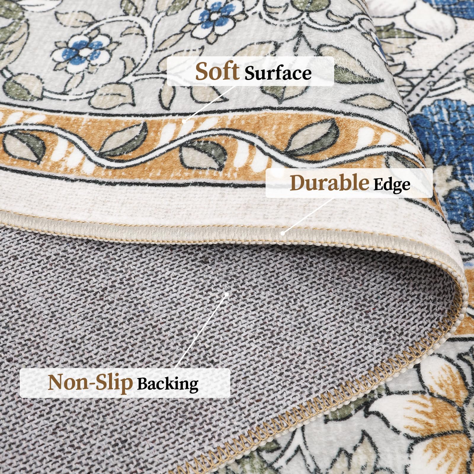 Roxstand Area Rugs 5x7, Stain Resistant Machine Washable Rug with Non-Slip Backing, Soft Low Pile Vintage Floral Rug, Large Area Rug for Bedroom, Living Room, Dining Room (Orange/Beige, 5'x7')