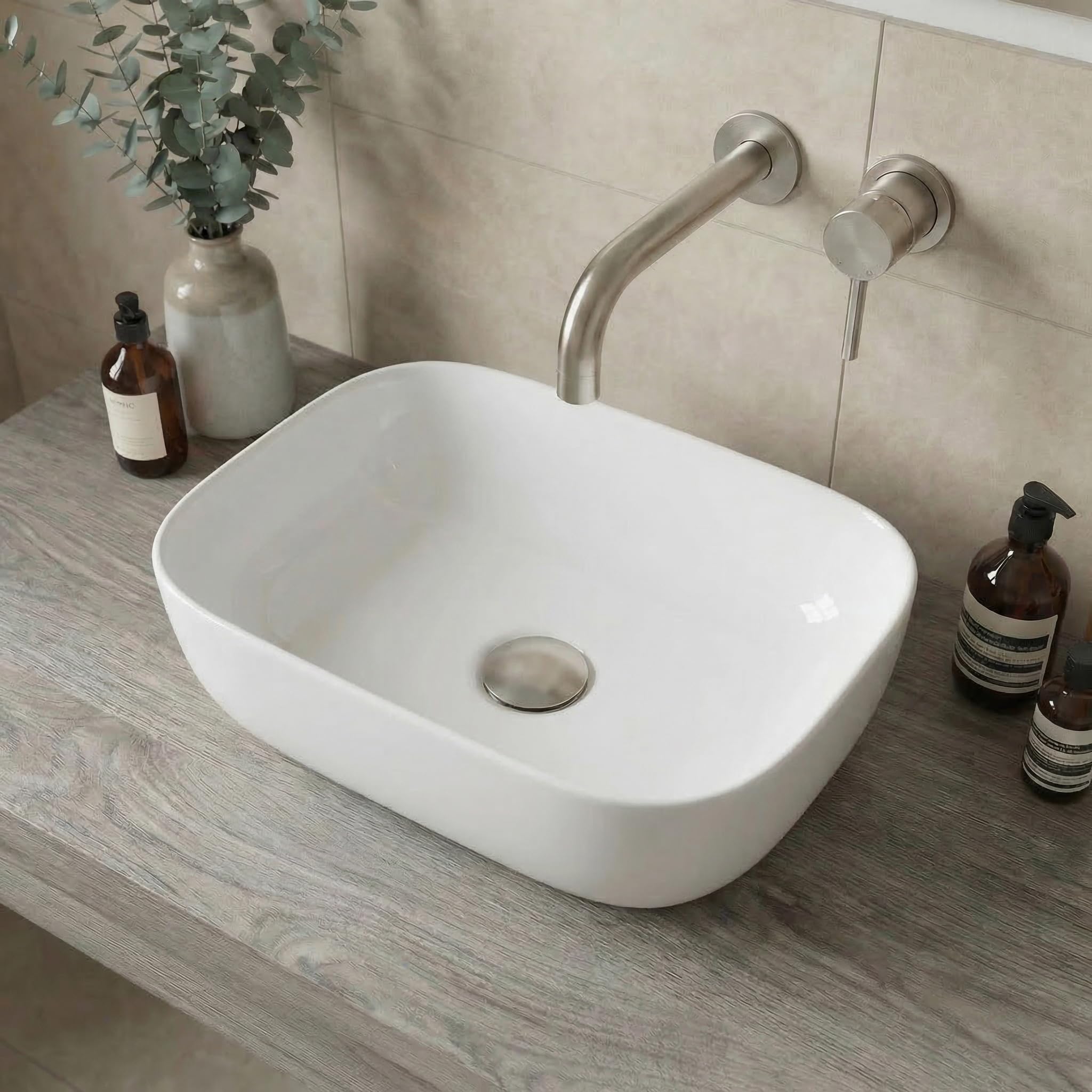 BAYSTONE® Countertop Basin for Bathroom and Cloakroom Hand Wash Basins Sink Modern White Gloss Rectangular, 460 x 325mm