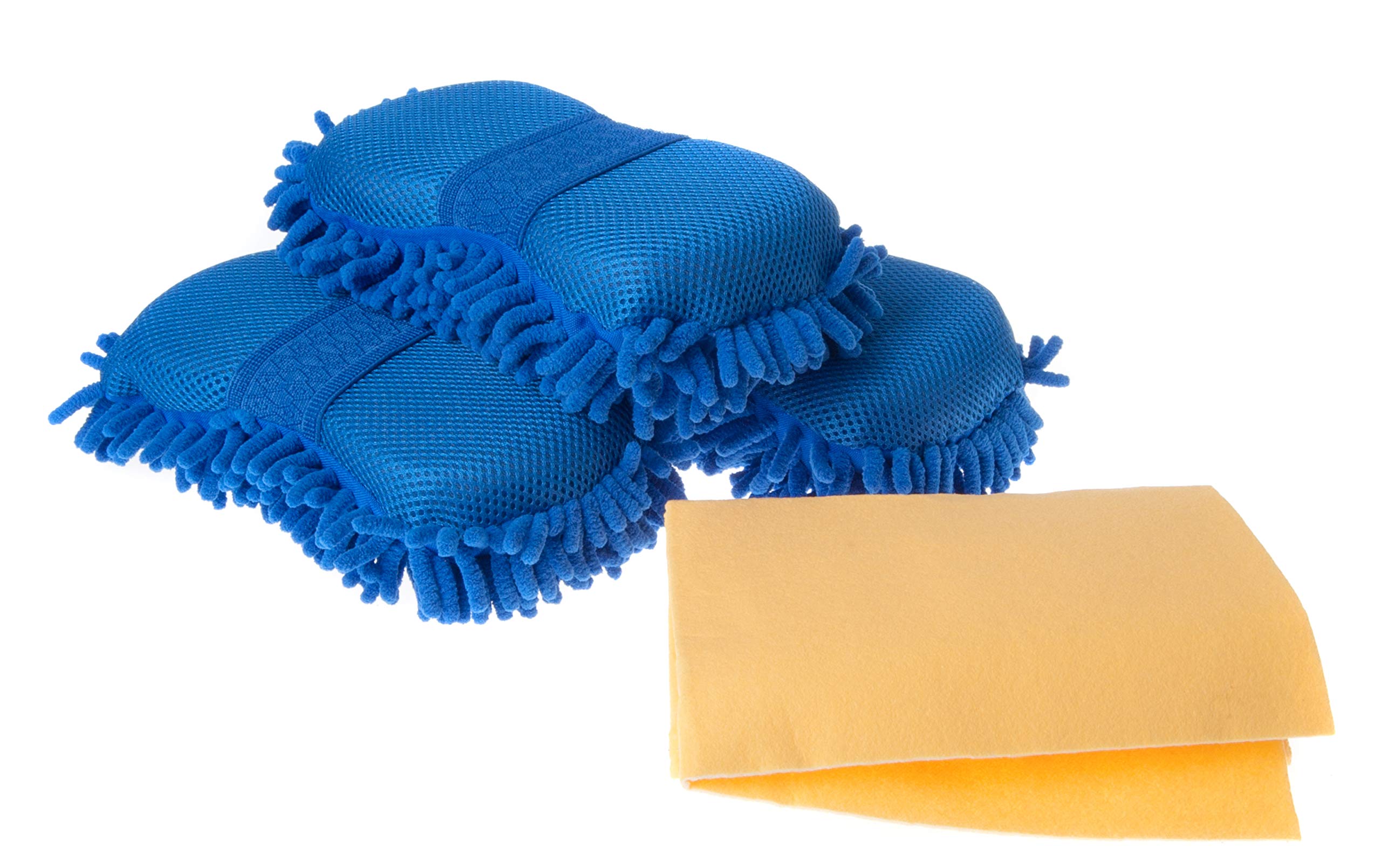 Silvergent Yellow Car Wash Cleaning Sponge Mitts 3 Pack, Microfibre Chenille, Complete With Microfibre Automobile Chamois Cloth