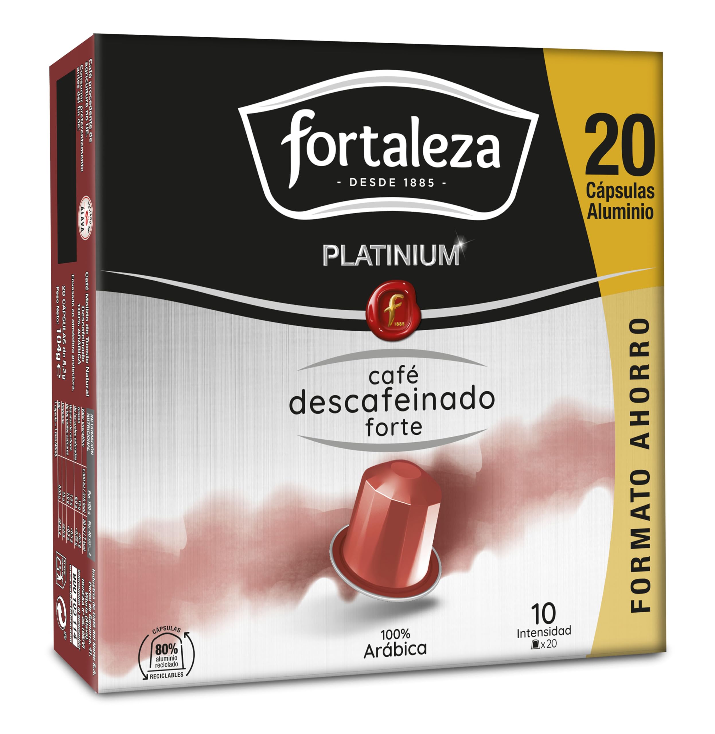CAFÉ FORTALEZA Cápsulas Aluminio Compatibles con Nespresso Descafeinado Forte Pack 8x20 - Total 160 uds - Cápsulas Café Descafeinado Intenso con Tueste Natural - Cápsulas de Café Reciclables