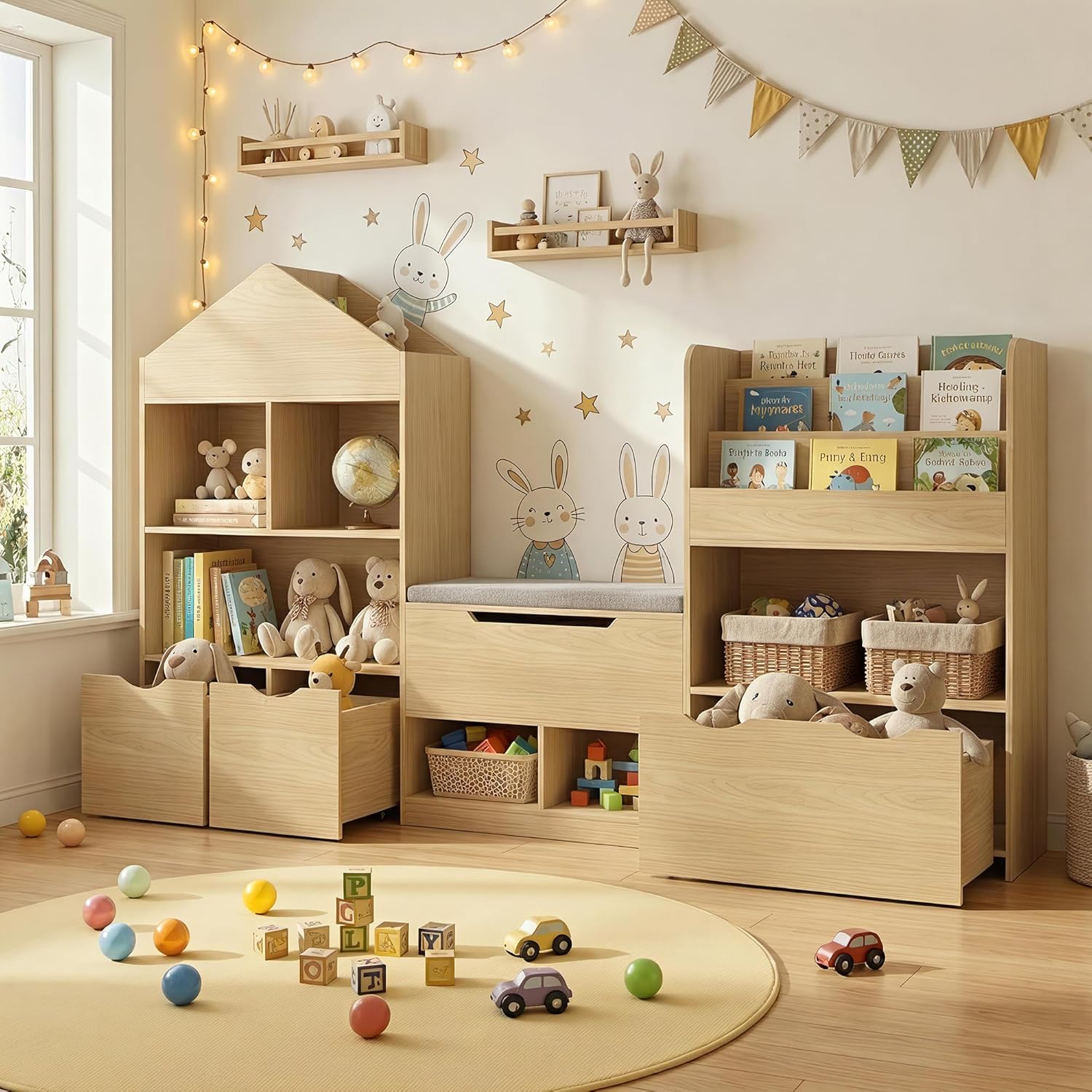 Kids Reading Nook with Bookshelf and Toy Storage, 72" Toddler Bookcase w/Bench Cushion, Drawers & Toy Boxes On Wheel, 3 in 1 Children Reading Corner w/Storage Cubbies for Playroom (Natural)