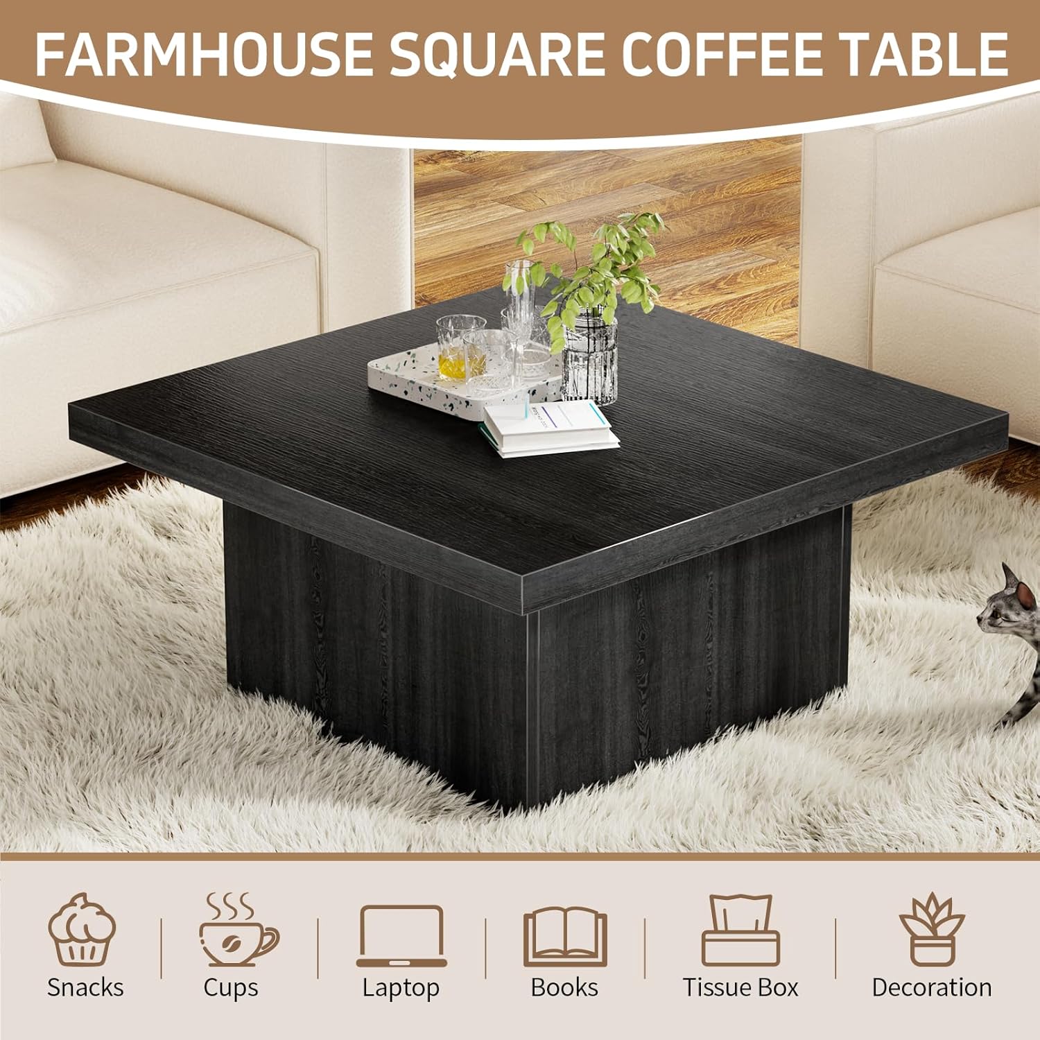 Square Coffee Table,Wooden Living Room Table,Center Table with a Large Tabletop,35.4" x 35.4",for Small Spaces, Apartments, Living Rooms, Black