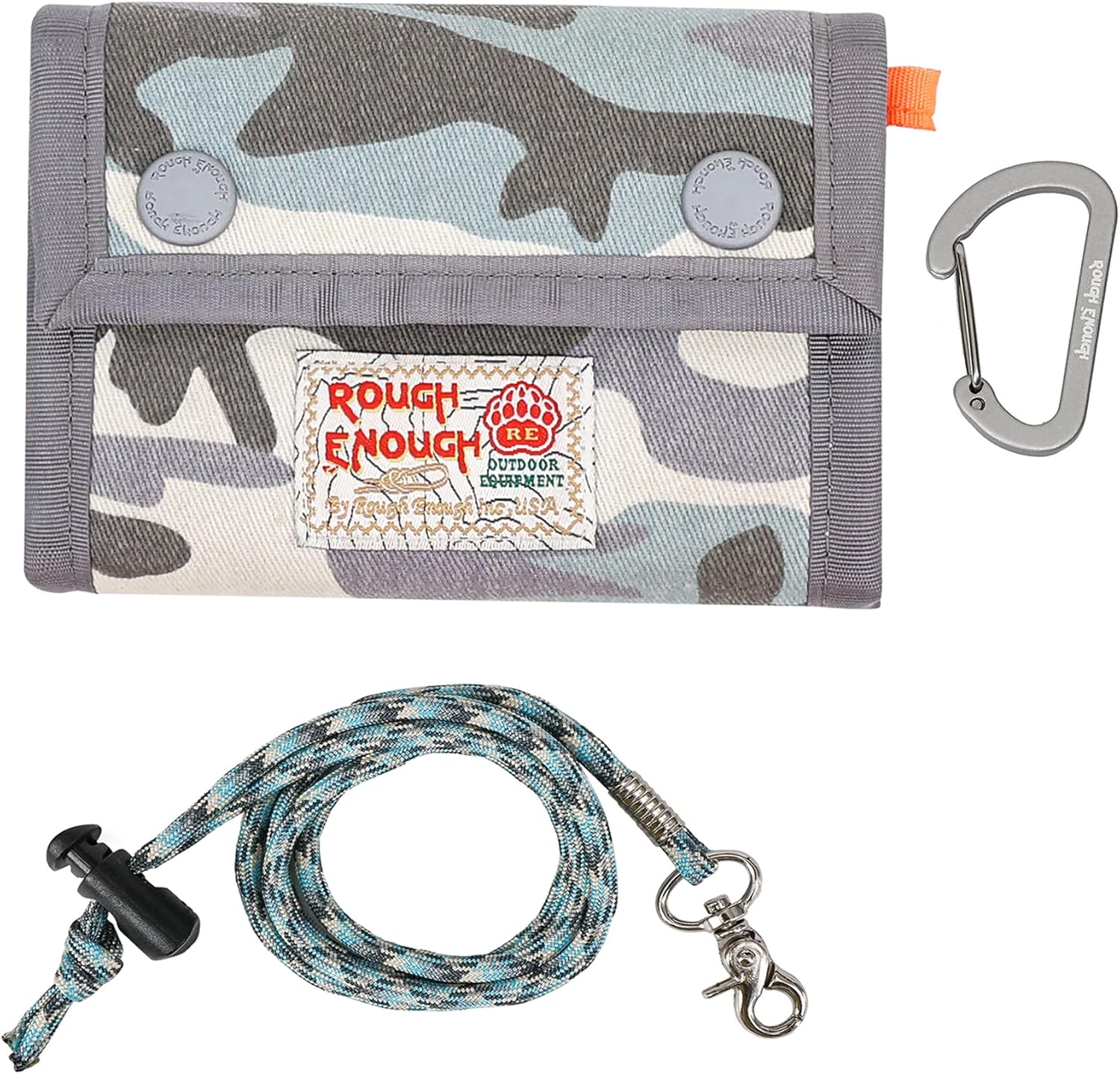 Rough Enough Kids Canvas Wallet for Boys Teens, with Button Closure, Neck Lanyard and Carabiner, for Camp, Travel and Daily Carry, Light Blue Camo