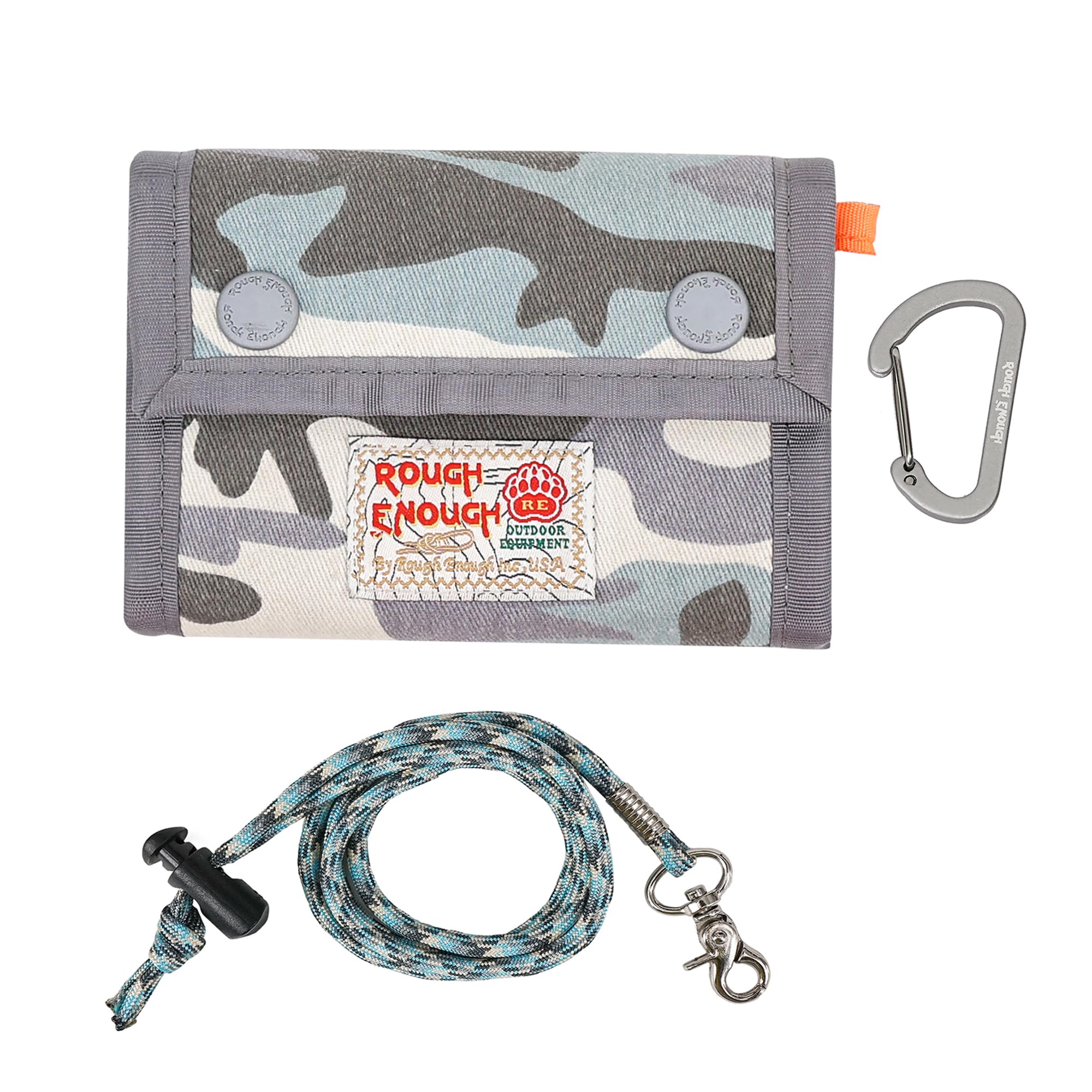 Rough Enough Kids Canvas Wallet for Boys Teens, with Button Closure, Neck Lanyard and Carabiner, for Camp, Travel and Daily Carry, Light Blue Camo