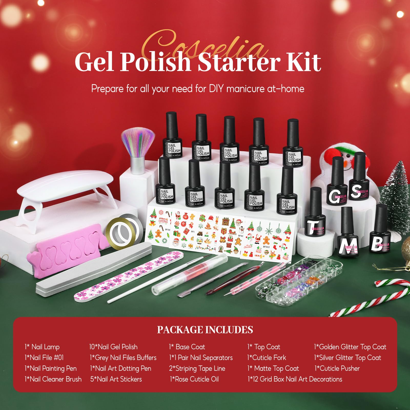 COSCELIA Zestaw 33 lakierów żelowych UV do paznokci, 10 kolorów, z lampą do paznokci U V/LED, 5 sztuk, kolor różowy, czerwony, biały