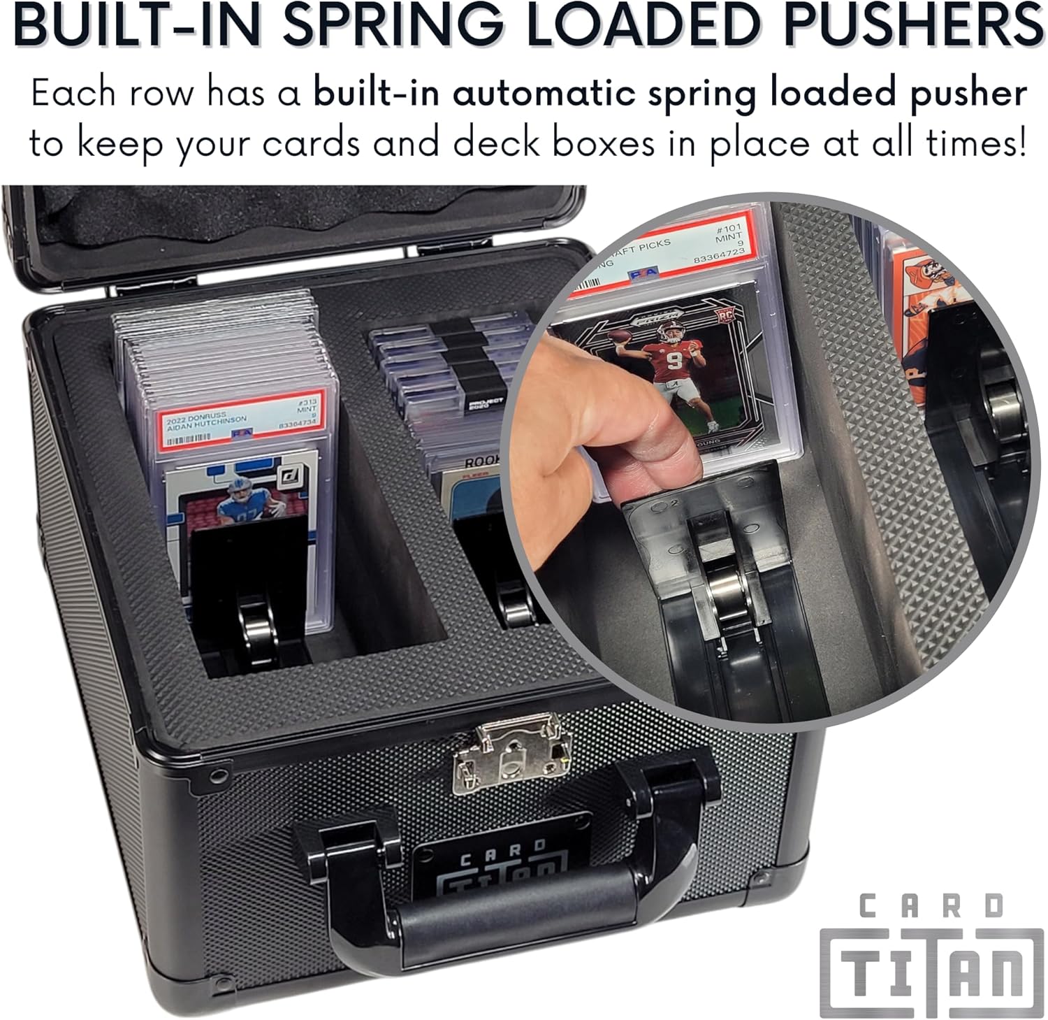 Card Titan Vault Trading Card Storage Box - Lockable Sports Cards Hard Case with Spring-Loaded Pushers for Top Loaders & Graded Cards - 2 Row