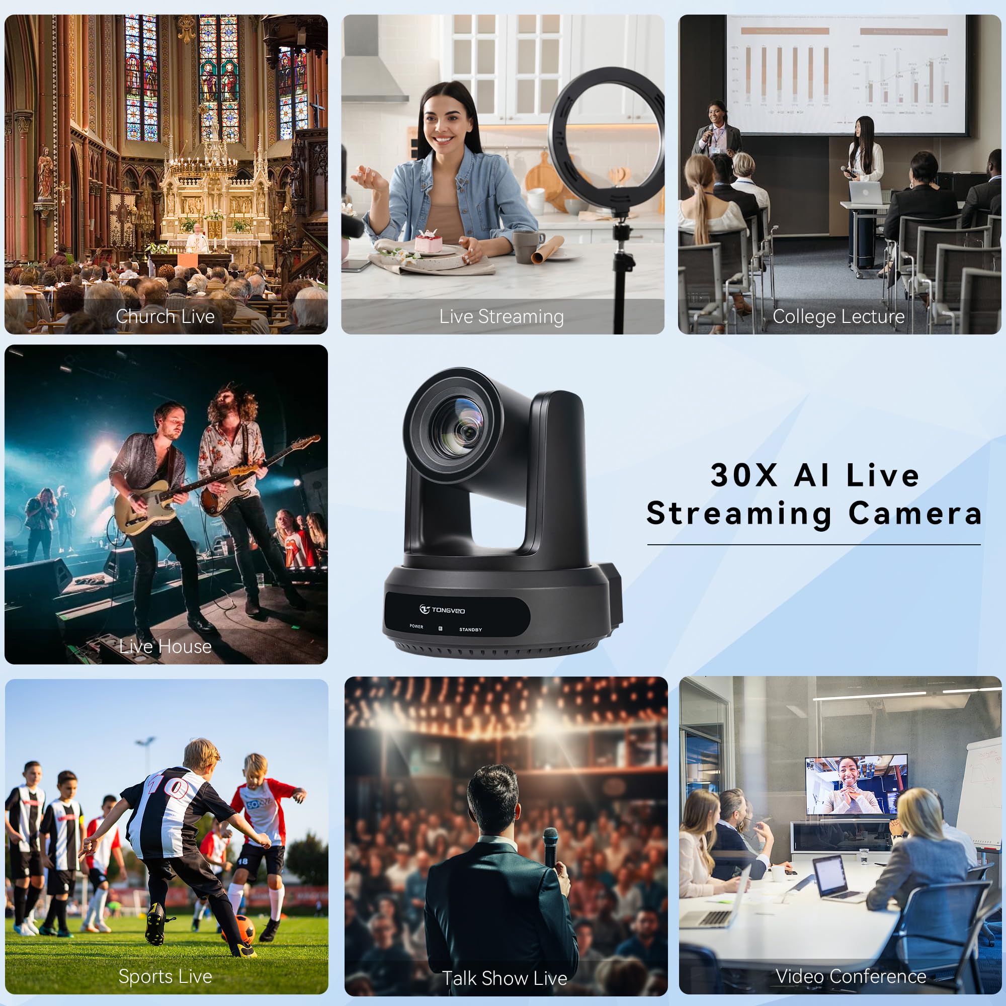 TONGVEO Telecamera IP PTZ AI Auto-Tracking SDI/HDMI/USB3.0/LAN PoE 30X Optical + Zoom digitale 16X 1080P 60fps per Live Streaming Chiesa Servizi Istruzione Videoconferenza con OBS vMix e altro