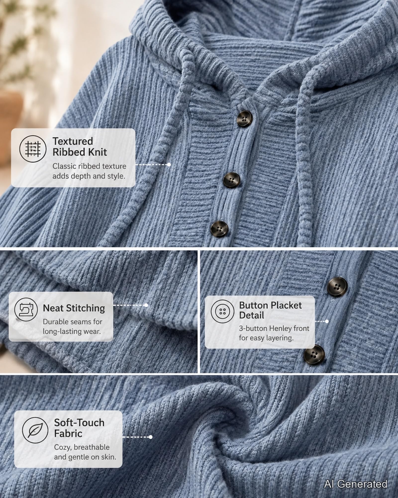 Damski sweter z kapturem Henley prążkowany sweter z długim rękawem i | Henley Inspirowany Dekoltem Plisa Guzikowa Prążkowana Tekstura Luźne Kroplone Ramiona Regulowany Kaptur Ściągacze Codzienne