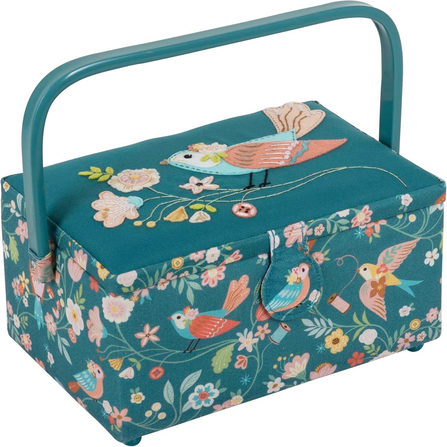 Hobby Gift Medium Sewing Box with Handle Cotton Fabric Craft Storage Box with Internal Tray Pocket and Pin Cushion for Sewing Accessories and Hobby Storage