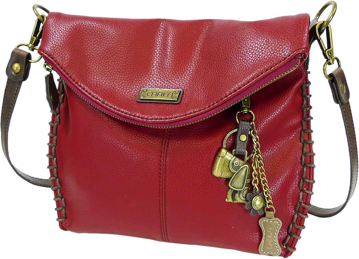 Chala Charming Crossbody Bag with Zipper Flap Top and Metal Chain - Burgundy - Dog, Medium