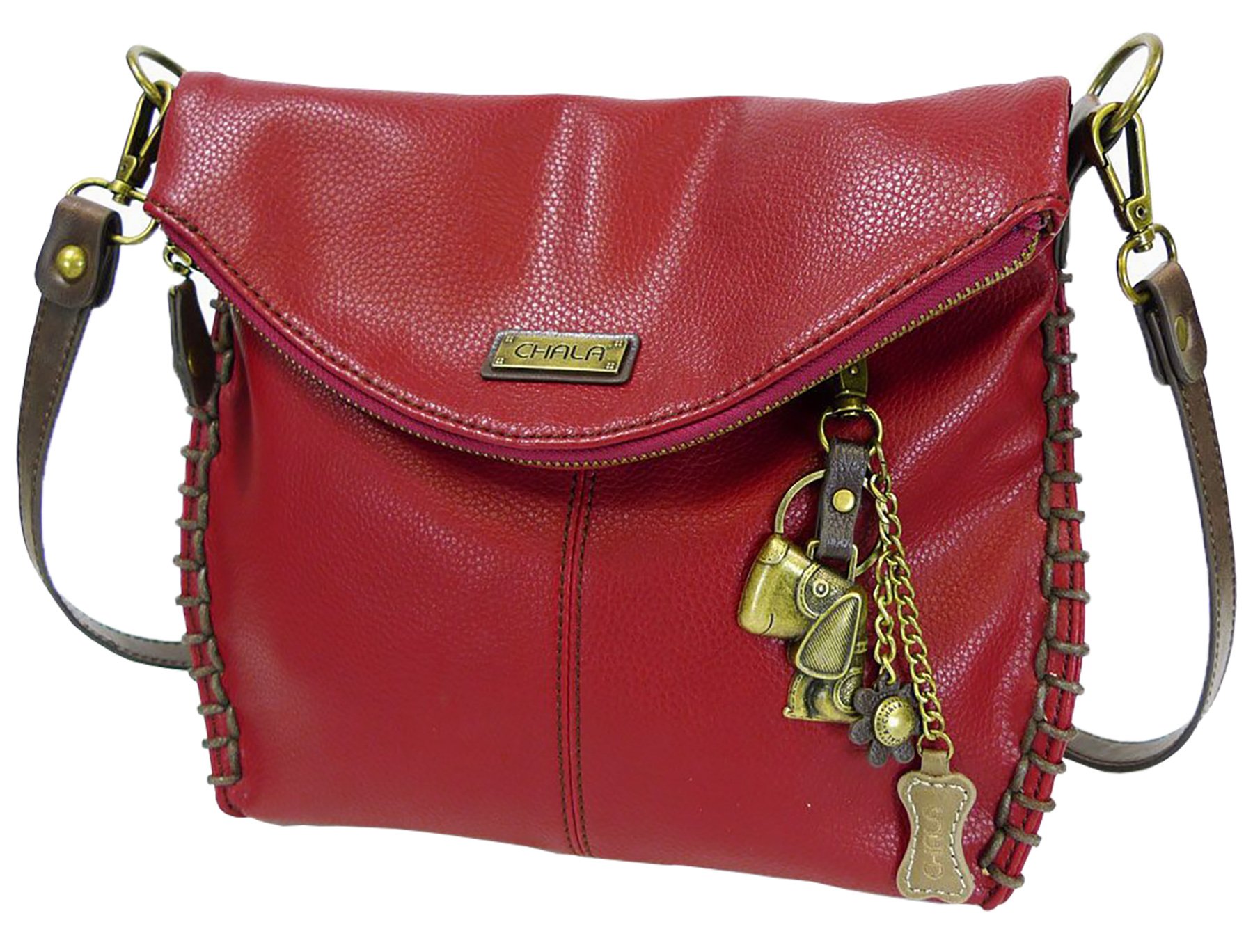 CHALACharming Crossbody Bag with Zipper Flap Top and Metal Chain - Burgundy