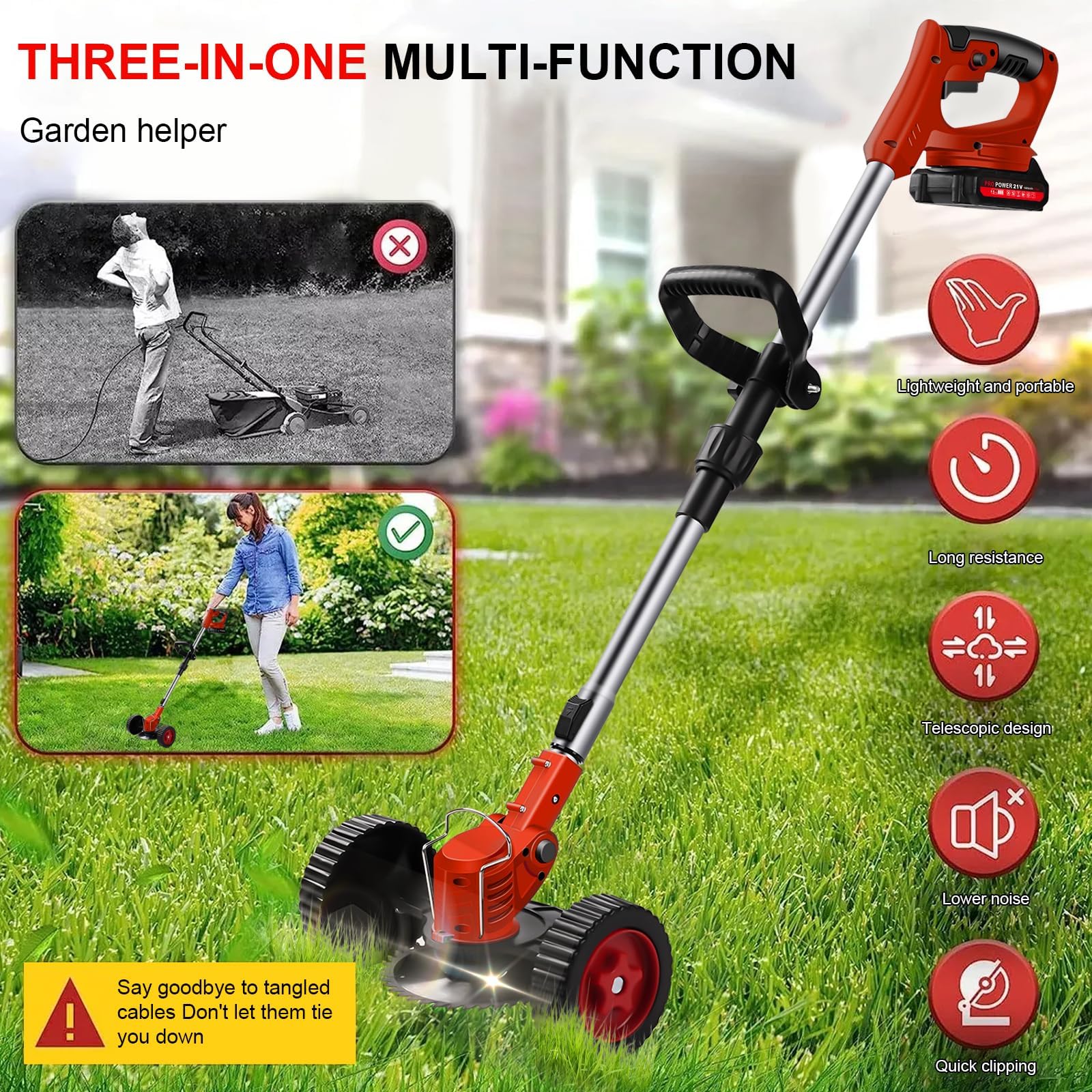Desbrozadora Bateria con Ruedas, Desbrozadora Electrica Inalámbrica 21V, 2 Baterías de 1,5 Ah, 4 Tipos de Cuchillas, Plegable, Cabezal Ajustable 90° y Mango Telescópico para Jardín y Podar