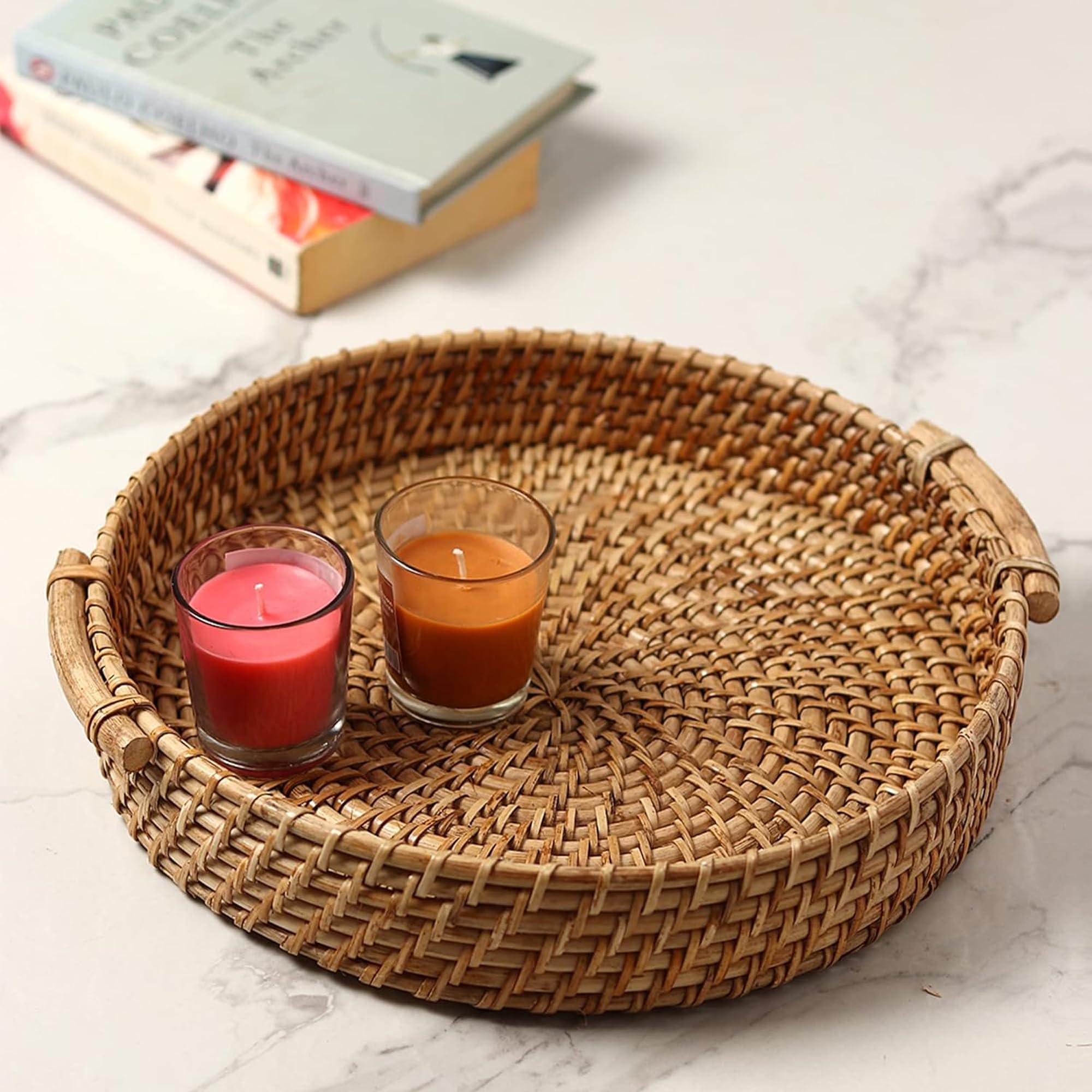 Habere India-All the Cultures Fabricating India Bamboo Serving Tray | Wooden Tray | Tray for Serving | Rattan Serving Tray | Tea Tray | Wooden Tray for Decoration - Round, Brown (Dia-31 x H8 cm)-image-32