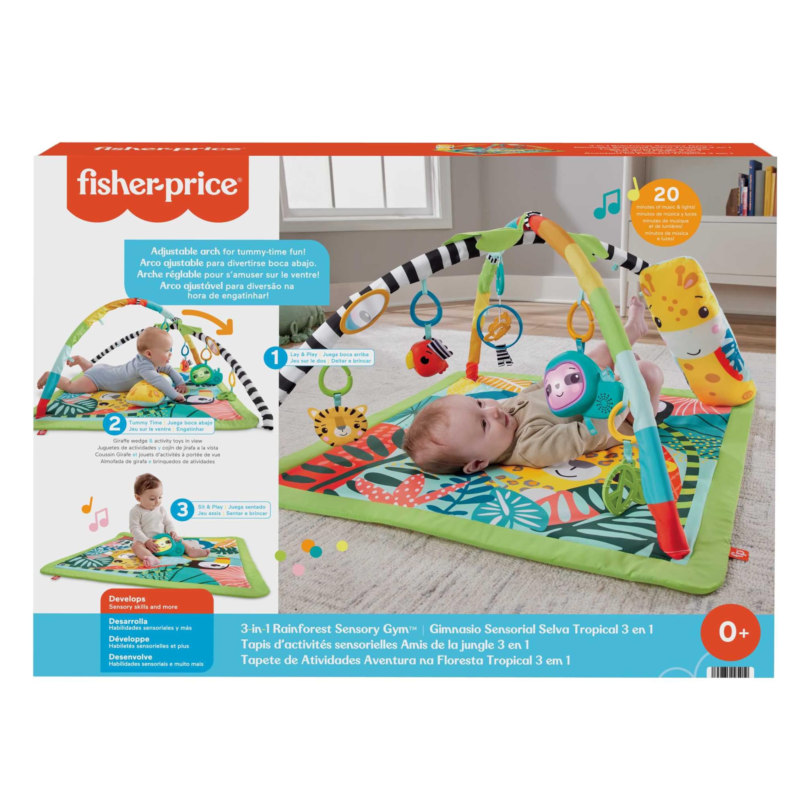 Fisher-Price 3-in-1 Rainforest Spieldecke für Babys, Spielmatte und sensorische Spielzeuge für das Spielen in der Bauchlage, Regenwalddesign, ab der Geburt, HJW08
