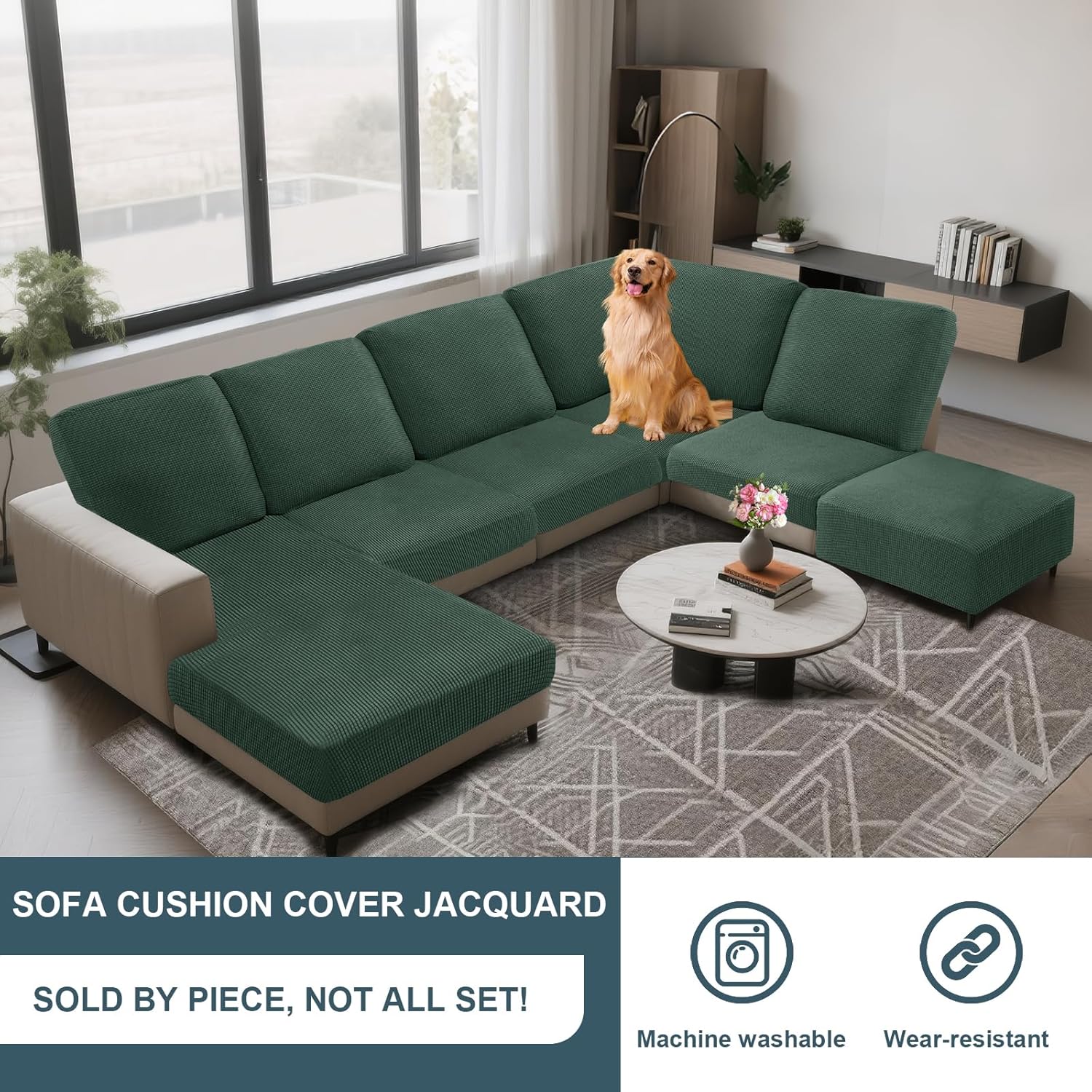 Seat Cushion Cover and Back Covers for Corner Sofa Stretch Jacquard, Non Slip L Shaped Sofa Slipcover with Storage Ottoman, Sectional Couch Cover for Chaise Lounge (Green,Corner Back Cover)