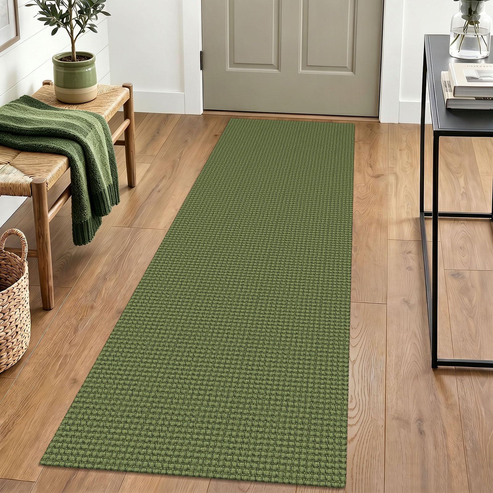 IOHOUZE Washable Runner Rug 2x6 Non Slip Runners for Hallways Entryway Runner Indoor, Kitchen Rugs Woven Cotton Floor Carpet for Kitchen Hall Entrance Bedroom, Olive Green/Earthy Green