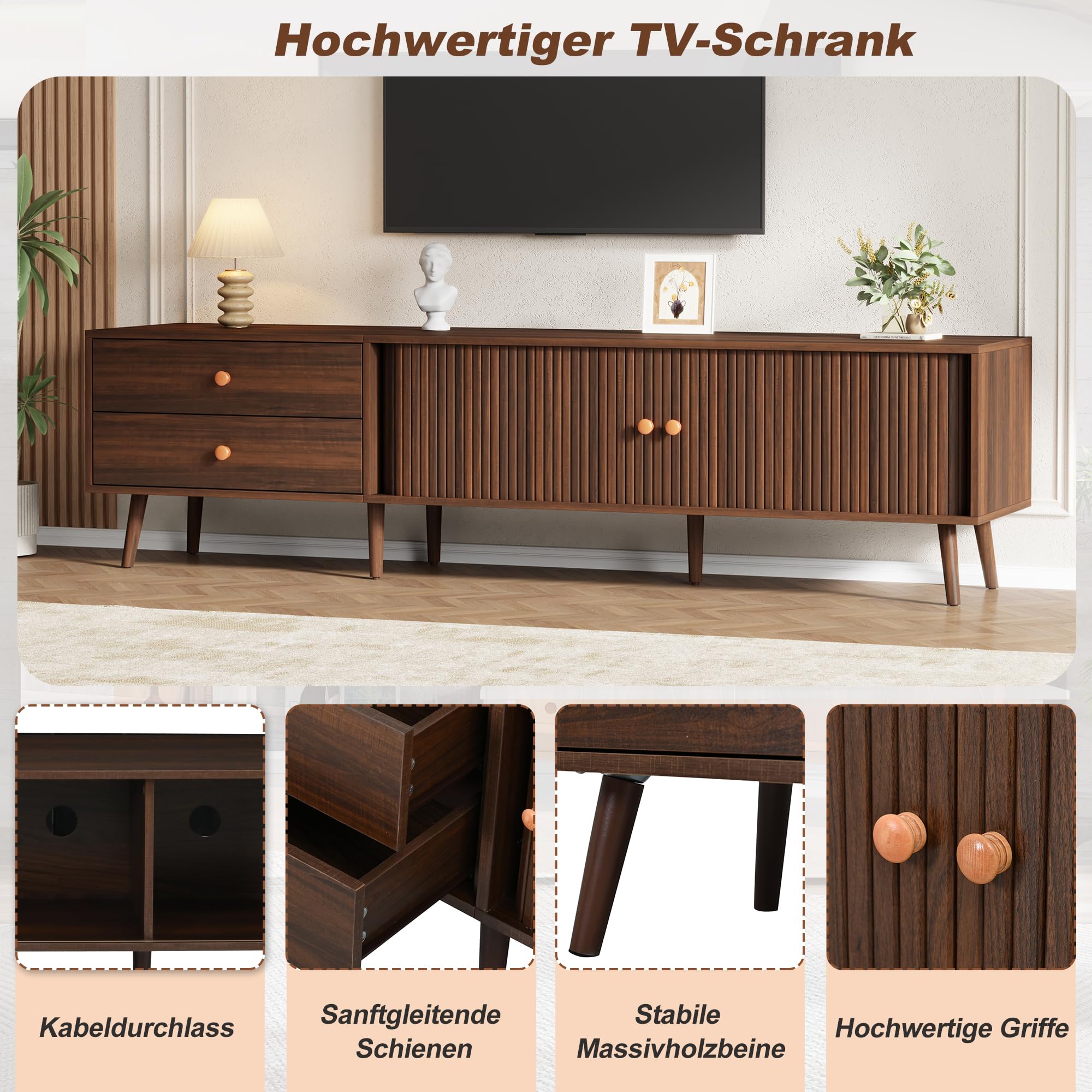 Mueble para TV de 180 x 40 x 46,5 cm, efecto nogal, con dos cajones, dos puertas enrollables y 7 patas. Adecuado para televisores de hasta 80 pulgadas. Mueble bajo, armario de salón, soporte