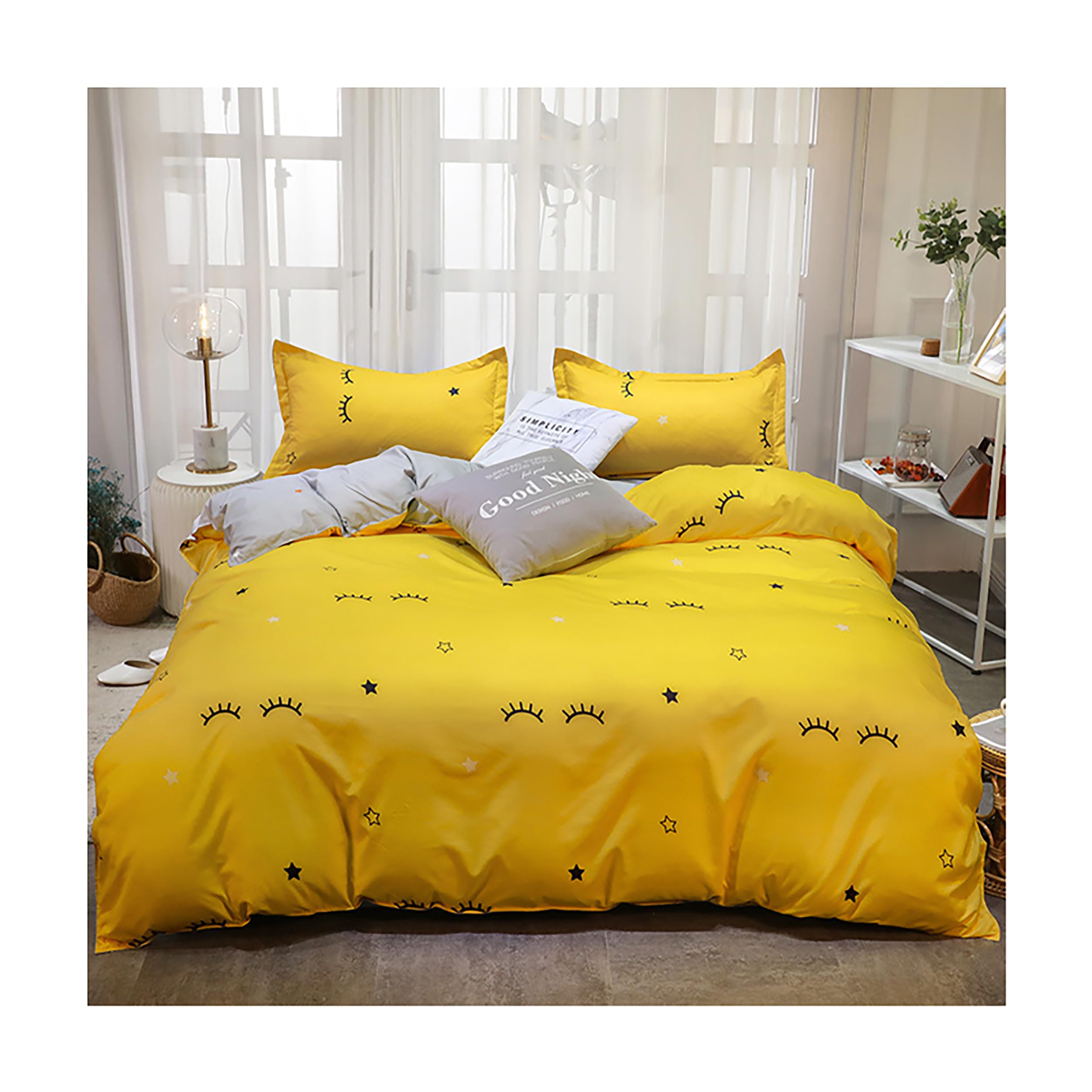 Aohellfe King size bedding set, duvet cover set, including 1 duvet cover 220 * 240cm and 1 sheet 230 * 250cm and 2 pillow cases 50 * 75cm, modern design 4 pcs bedding sets (Yellow)