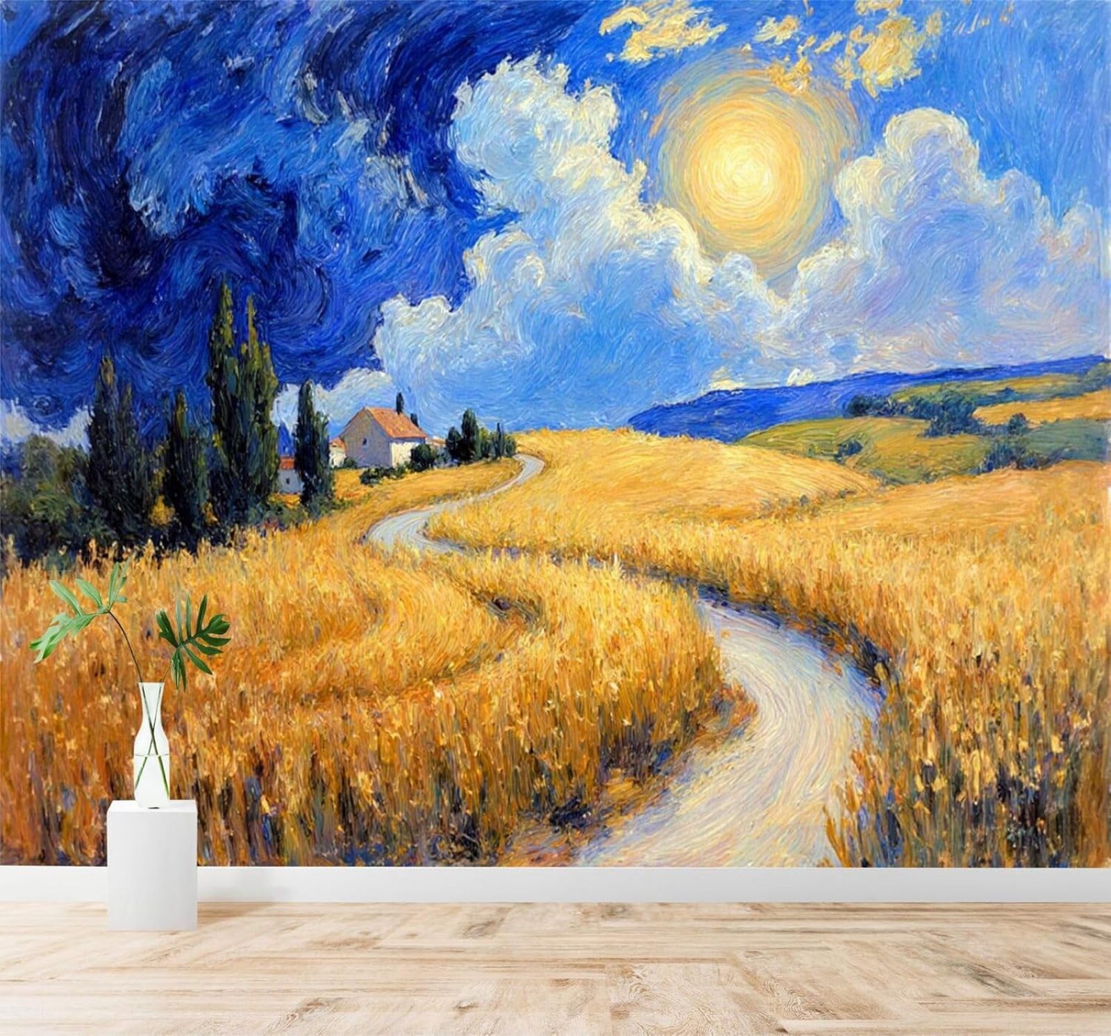 Xlming 250Cm×170Cm(B×H) Bright Rural Scenery Wheat Fields Blue Skies Sunny Clouds 3D Wallpaper Premium Textured Silk Study Dining Living Room Bedroom Sofa Tv Wall Easy Install-250Cm×170Cm
