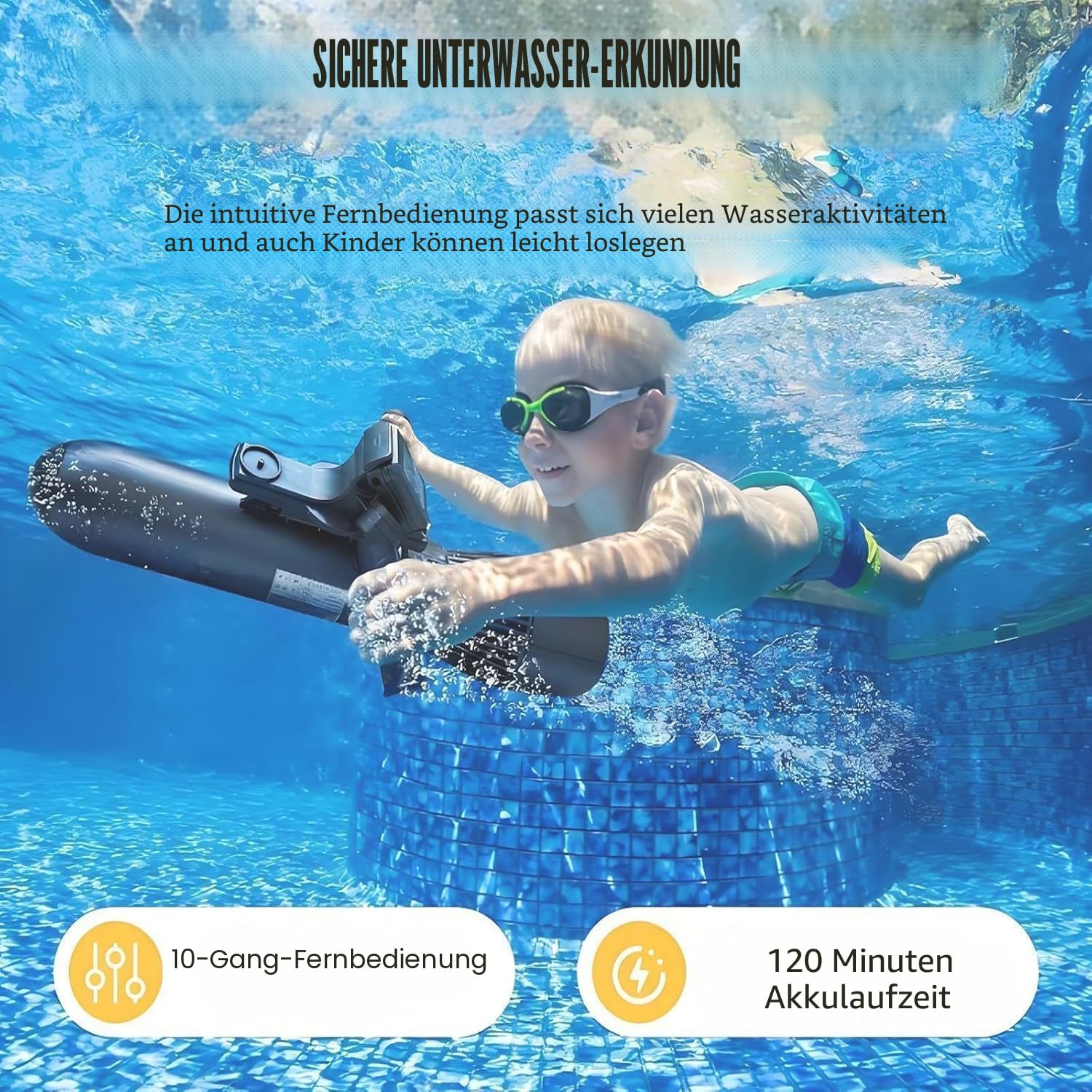Unterwasserscooter 500W/10000 mAh, 130-Minuten Laufzeit, 10-Gang-Einstellbar (2,9-6,9 km/h), familienfreundlicher Unterwasser-Meer-Scooter für SUP-Paddelbrett, Pooltauchen und Schnorcheln