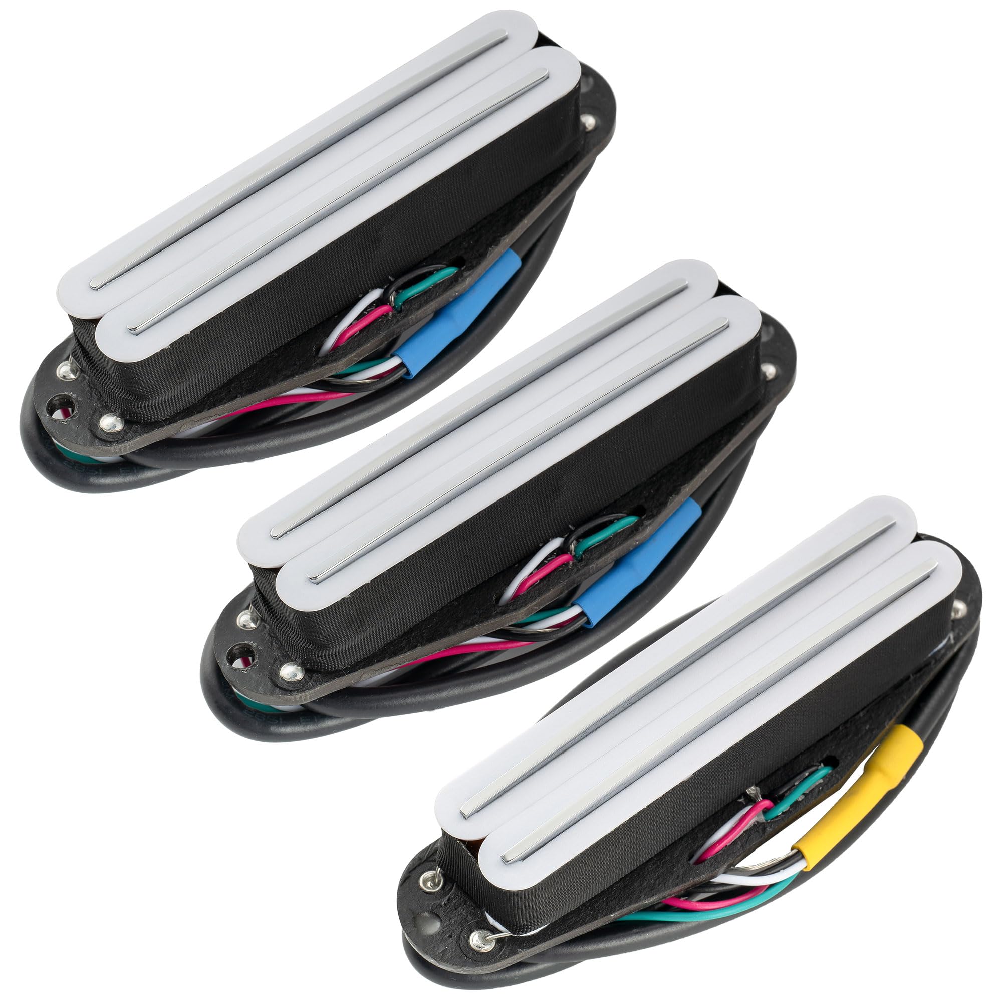 Pro ST-DPHA Alnico 5 Dual Single Coil Sized Humbucker Super Distortion Neck Middle Bridge Pickups Set for Strat Style Electric Guitar, White Body Chrome Rail