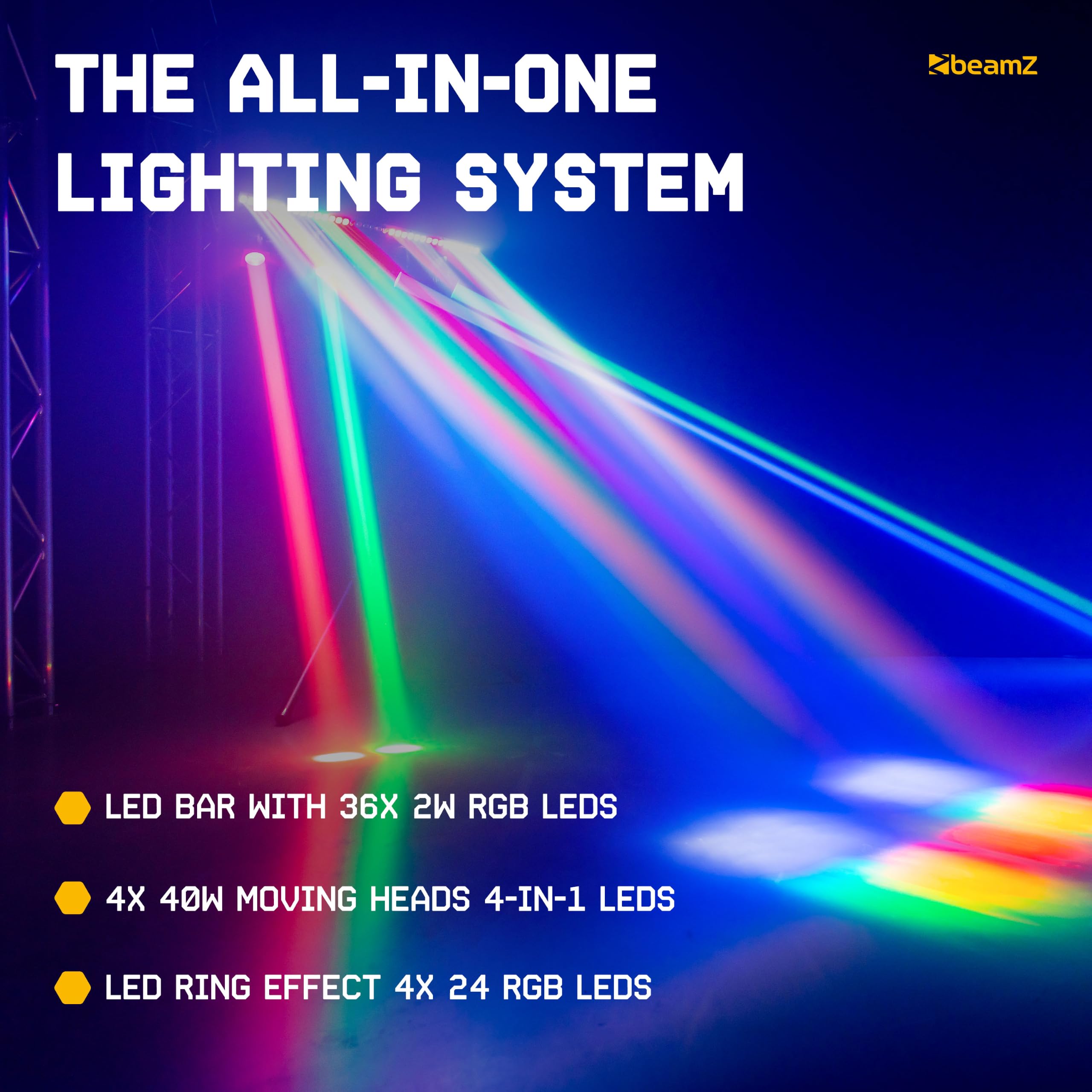 BeamZ Showbar GO Vibe Barre 4 Lyres LED RGBW 160W avec Barre LED et Anneaux LED, Éclairage DJ Scène Animation