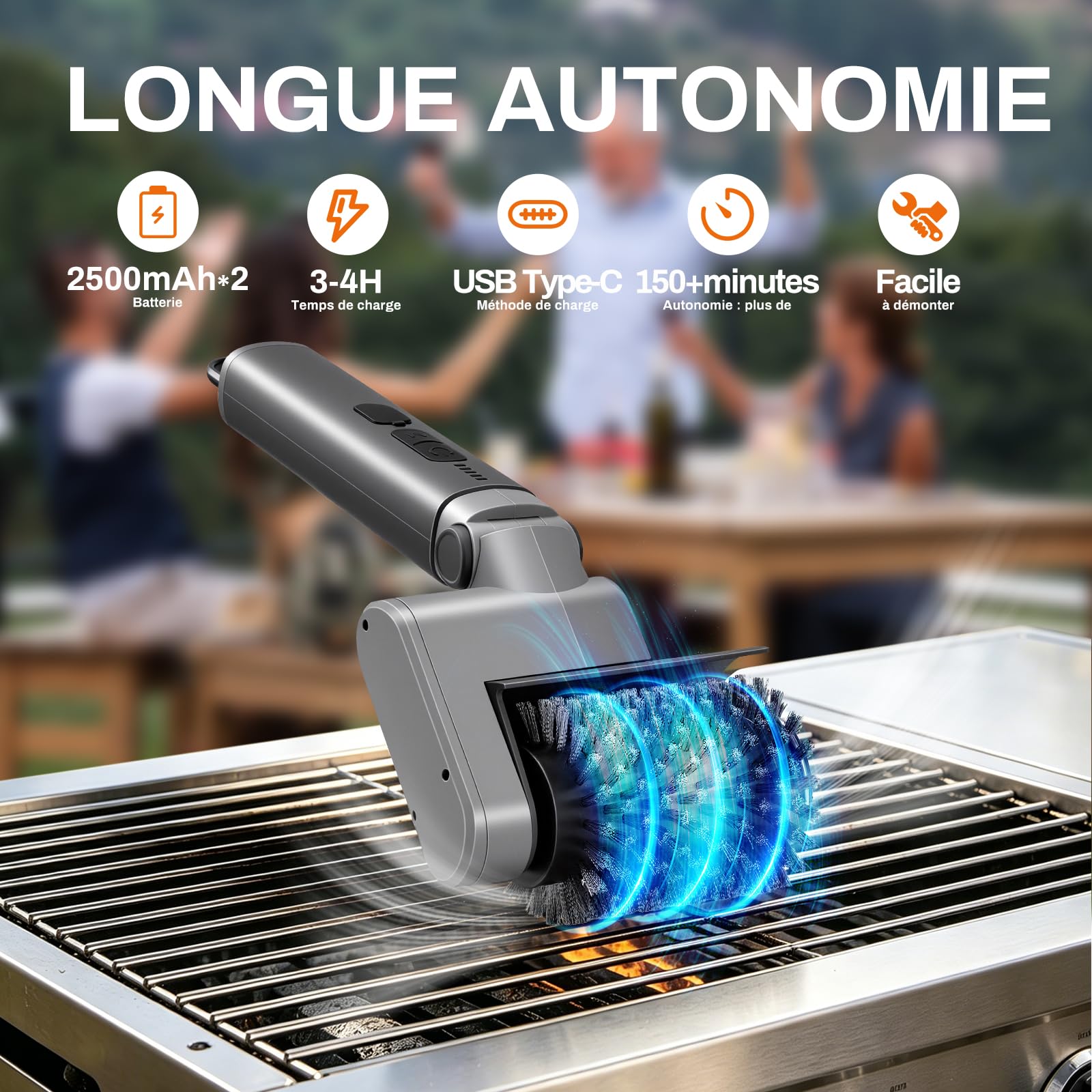 Brosse Barbecue Électrique sans Fil 3-en-1, 150 Min Autonomie – 3 Têtes & 3 Vitesses, Angle Réglable, Lave-Vaisselle, Résistante Chaleur (Gris)