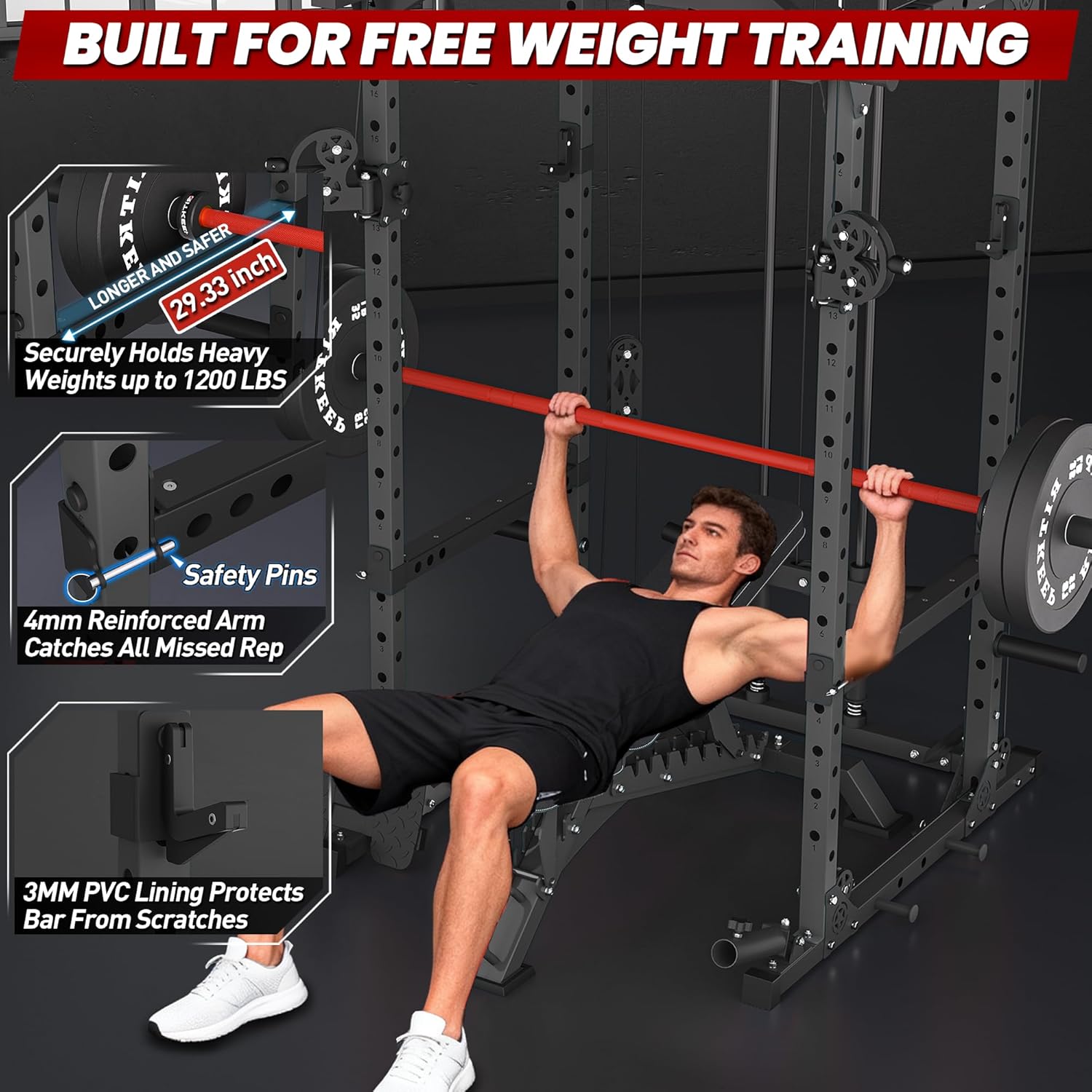 RitKeep Power Cage M10 for Home Weight Training, Power Rack with Pulley System, Multi-Function Workout Machine with Adjustable Cable Crossover System, and More Training Attachments