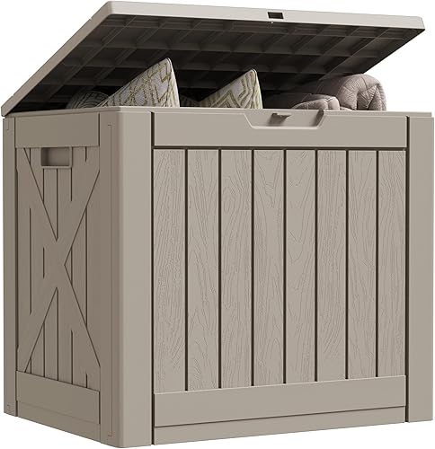 Greesum Caja de resina de 31 galones para todo tipo de clima, cajas de almacenamiento al aire libre para muebles de patio, juguetes al aire libre,