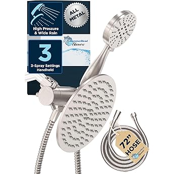 Solid Metal 3-Spray Dual Shower Head Combo with 12 Inch Adjustable Arm Extension, Brushed Nickel | Hand Held Shower Head with Hose, 8 Inch Rainfall, 3-Way Diverter and Shower Arm Extension