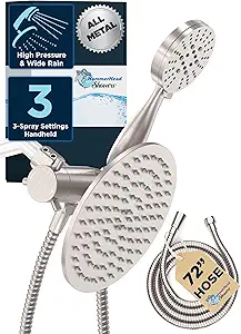HammerHead Showers Dual Shower Head Combo, 8-Inch Rainfall & 3-Flow Handheld, Brushed Nickel, 2.5 GPM