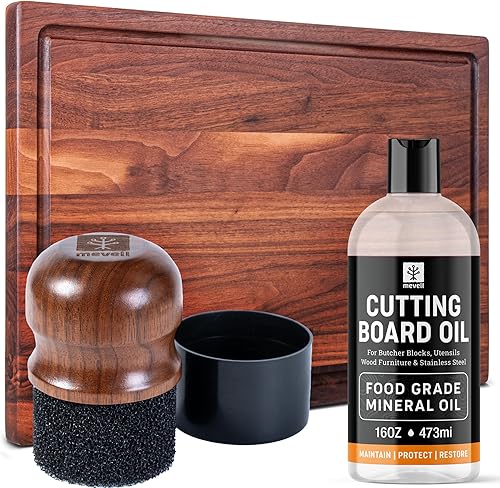 Tabla de cortar de madera de nogal de 17 x 11 pulgadas + aceite mineral de grado alimenticio de 15 onzas + tabla de cortar aplicador de aceite